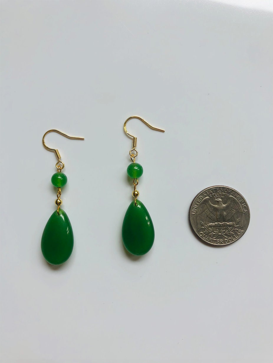Gold hanging Jade Teardrop Earrings.Green Jade Dot Earrings.Green Jade Jewelry.Long Jade Drop Earrings.Chinese Jase jewelry.Gift for her