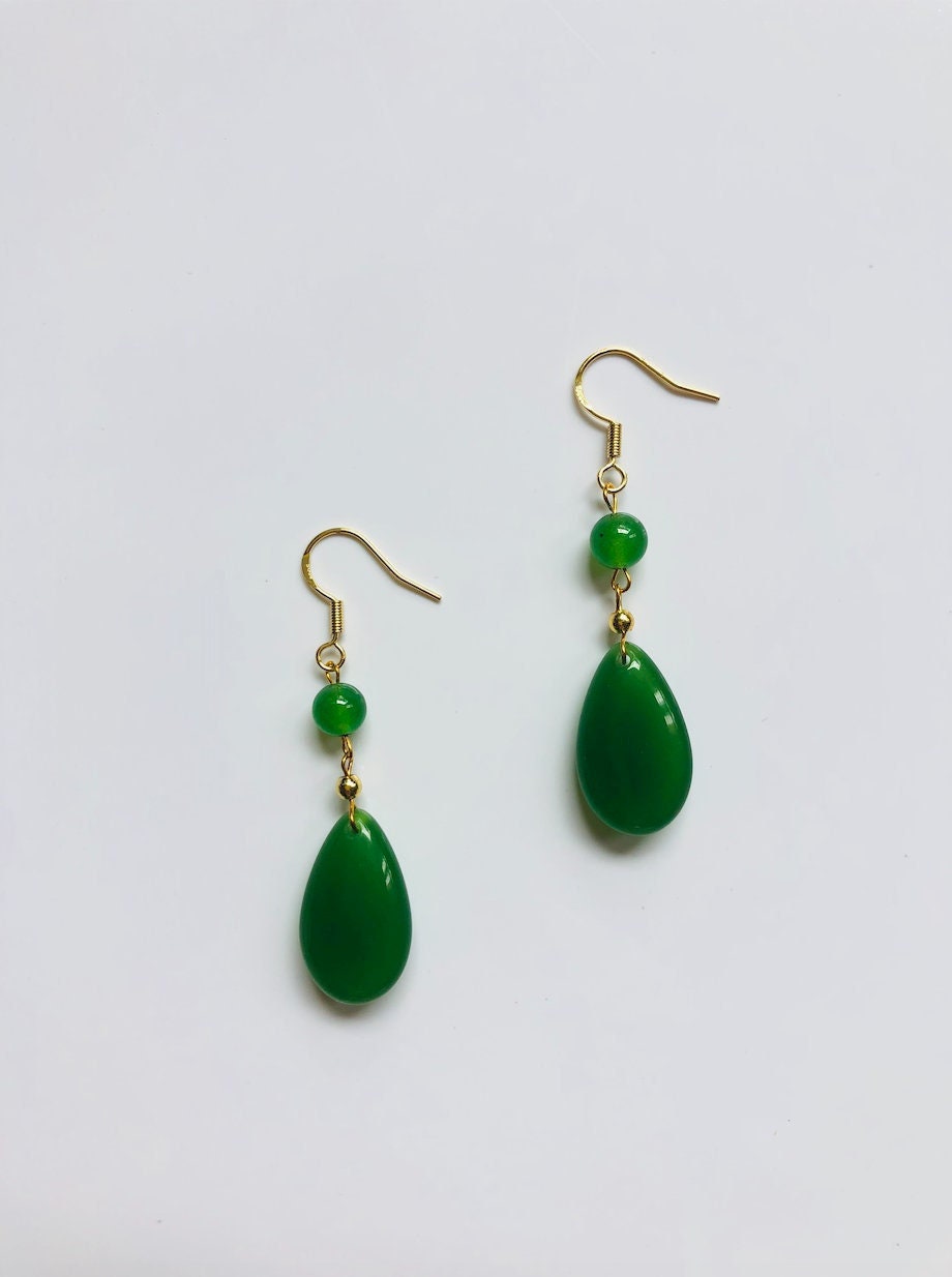 Gold hanging Jade Teardrop Earrings.Green Jade Dot Earrings.Green Jade Jewelry.Long Jade Drop Earrings.Chinese Jase jewelry.Gift for her