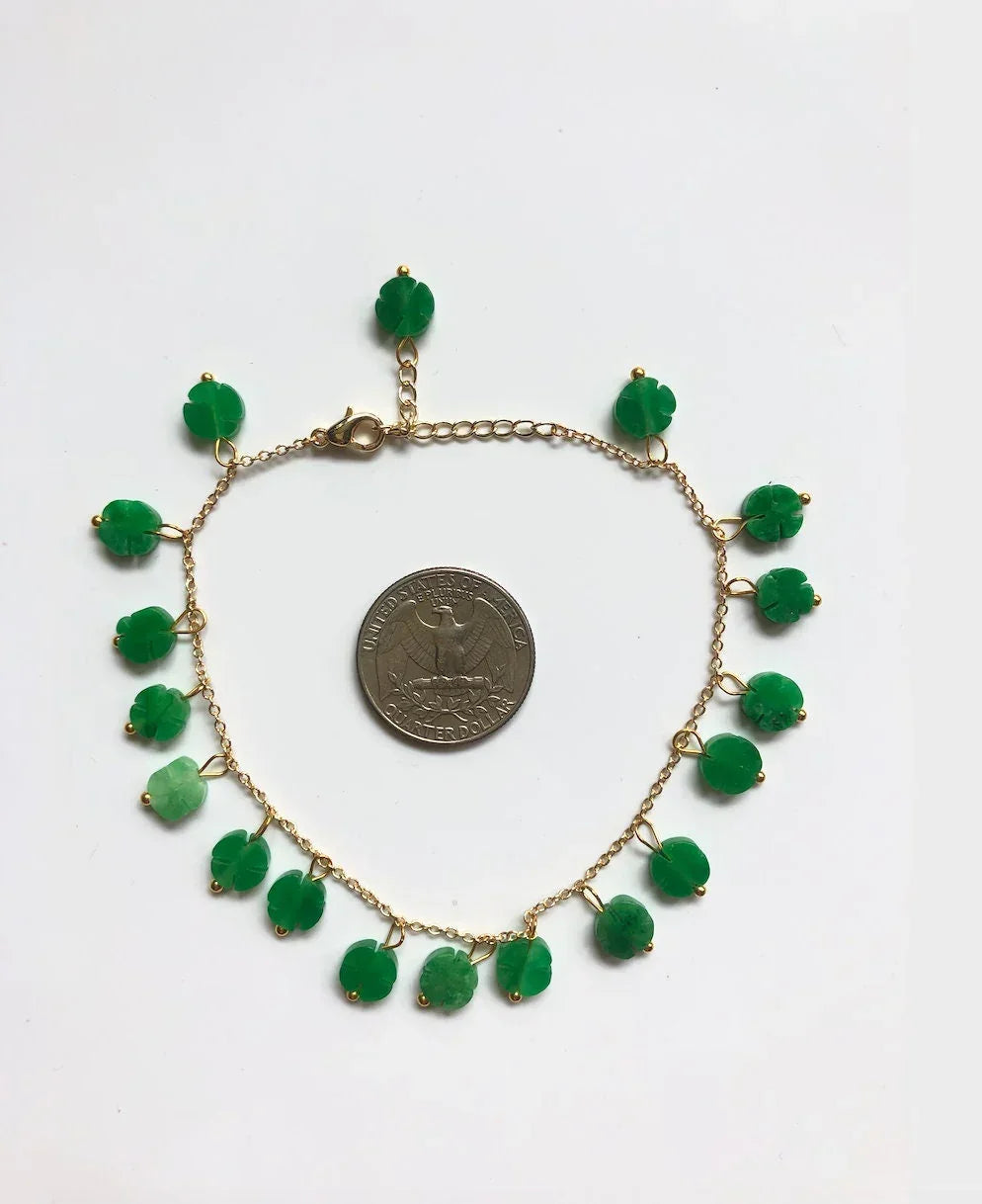 Green Jade Clover Anklet.Green Jade Beads Foot Jewelry.Gold Lucky Foot Chain.Charm Ankle Bracelet.Four-leaf Jewelry.Real Jades.Gift for her