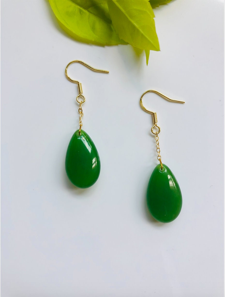 Green Jade Teardrop Earrings.Hanging Teardrop Earrings.Gold Jade Jewelry.Chinese Jade Jewelry.Dangle Jade drops.Natural Jade.Gift for her