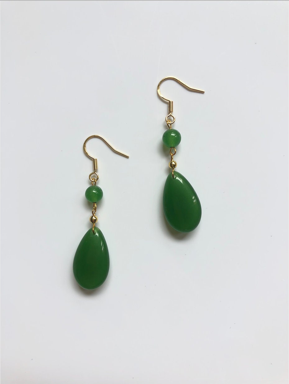 Gold hanging Jade Teardrop Earrings.Green Jade Dot Earrings.Green Jade Jewelry.Long Jade Drop Earrings.Chinese Jase jewelry.Gift for her