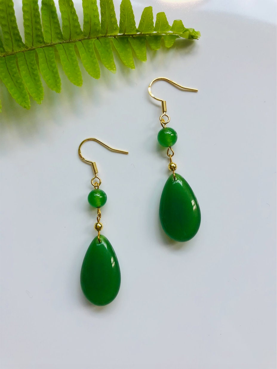 Gold hanging Jade Teardrop Earrings.Green Jade Dot Earrings.Green Jade Jewelry.Long Jade Drop Earrings.Chinese Jase jewelry.Gift for her