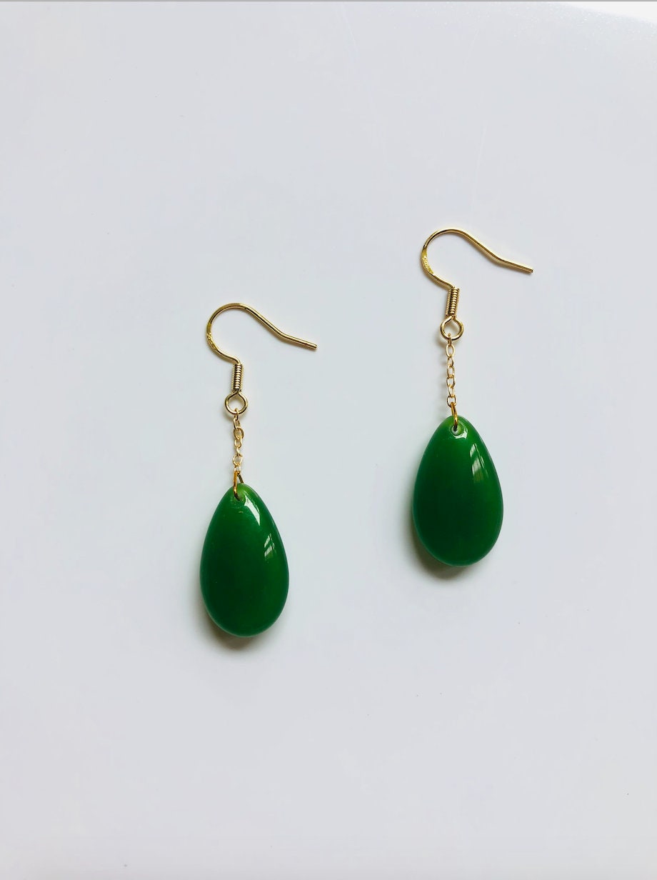 Green Jade Teardrop Earrings.Hanging Teardrop Earrings.Gold Jade Jewelry.Chinese Jade Jewelry.Dangle Jade drops.Natural Jade.Gift for her