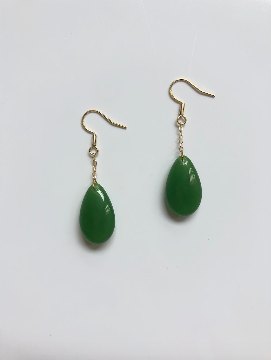 Green Jade Teardrop Earrings.Hanging Teardrop Earrings.Gold Jade Jewelry.Chinese Jade Jewelry.Dangle Jade drops.Natural Jade.Gift for her