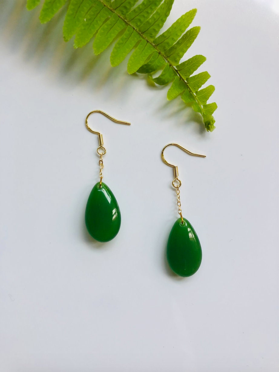 Green Jade Teardrop Earrings.Hanging Teardrop Earrings.Gold Jade Jewelry.Chinese Jade Jewelry.Dangle Jade drops.Natural Jade.Gift for her