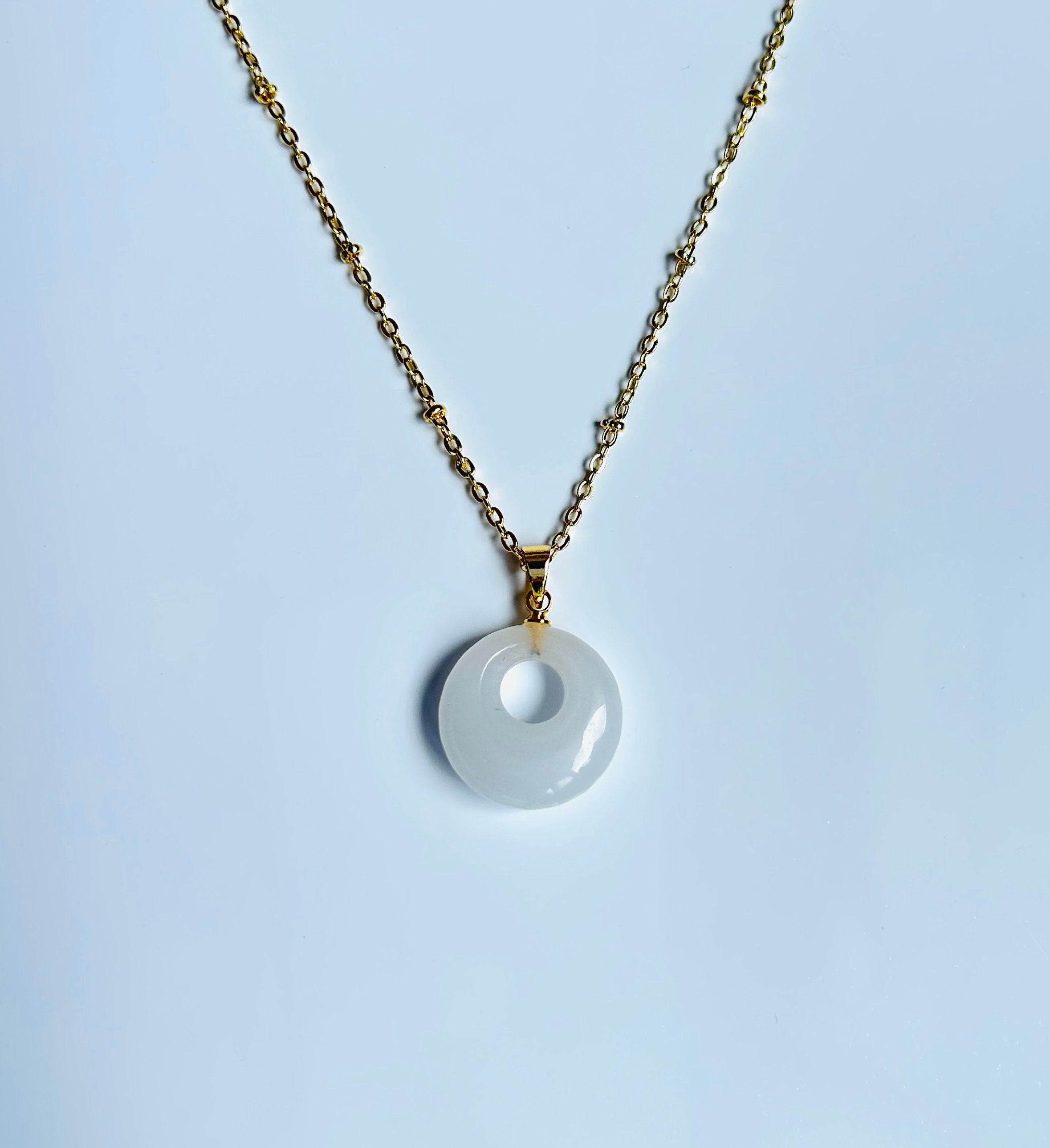 18'' White Jade Circle Pendants - Gold Dainty Yoga Necklace | Real Jade Moon Energy Jewelry