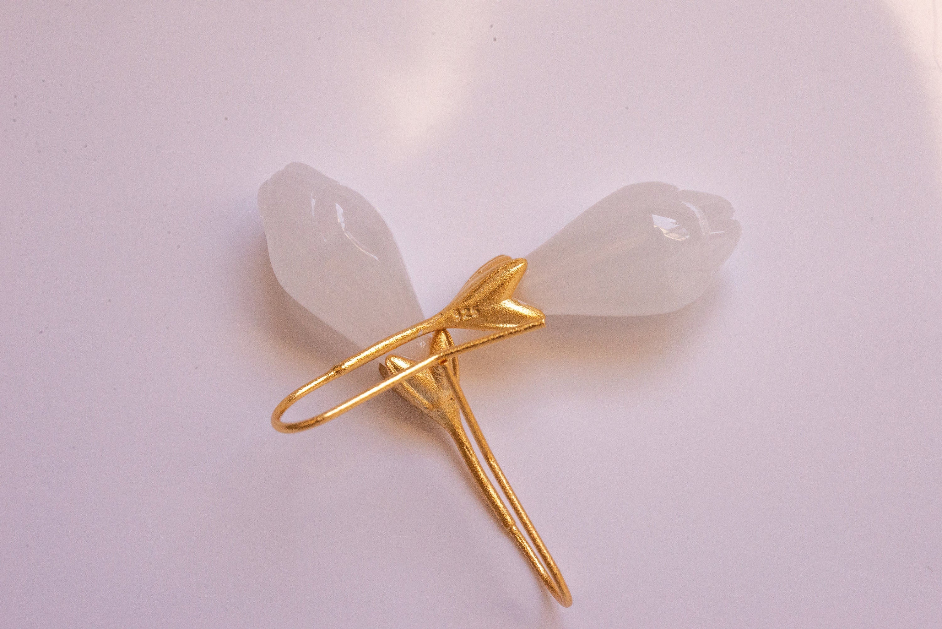 Gold Teardrop White Jade Flower Earrings.Hanging Jade Earrings.Jade Drop Tulip Earrings.Elegant Real Jade Jewelry.Jade Dangle Earrings.Gift