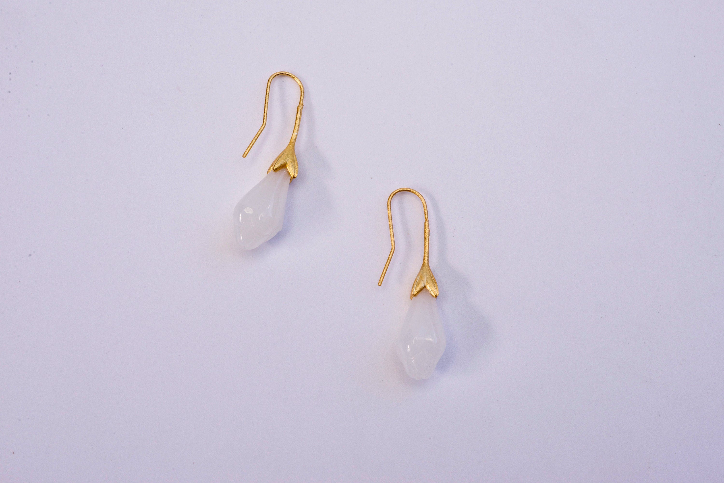 Gold Teardrop White Jade Flower Earrings.Hanging Jade Earrings.Jade Drop Tulip Earrings.Elegant Real Jade Jewelry.Jade Dangle Earrings.Gift