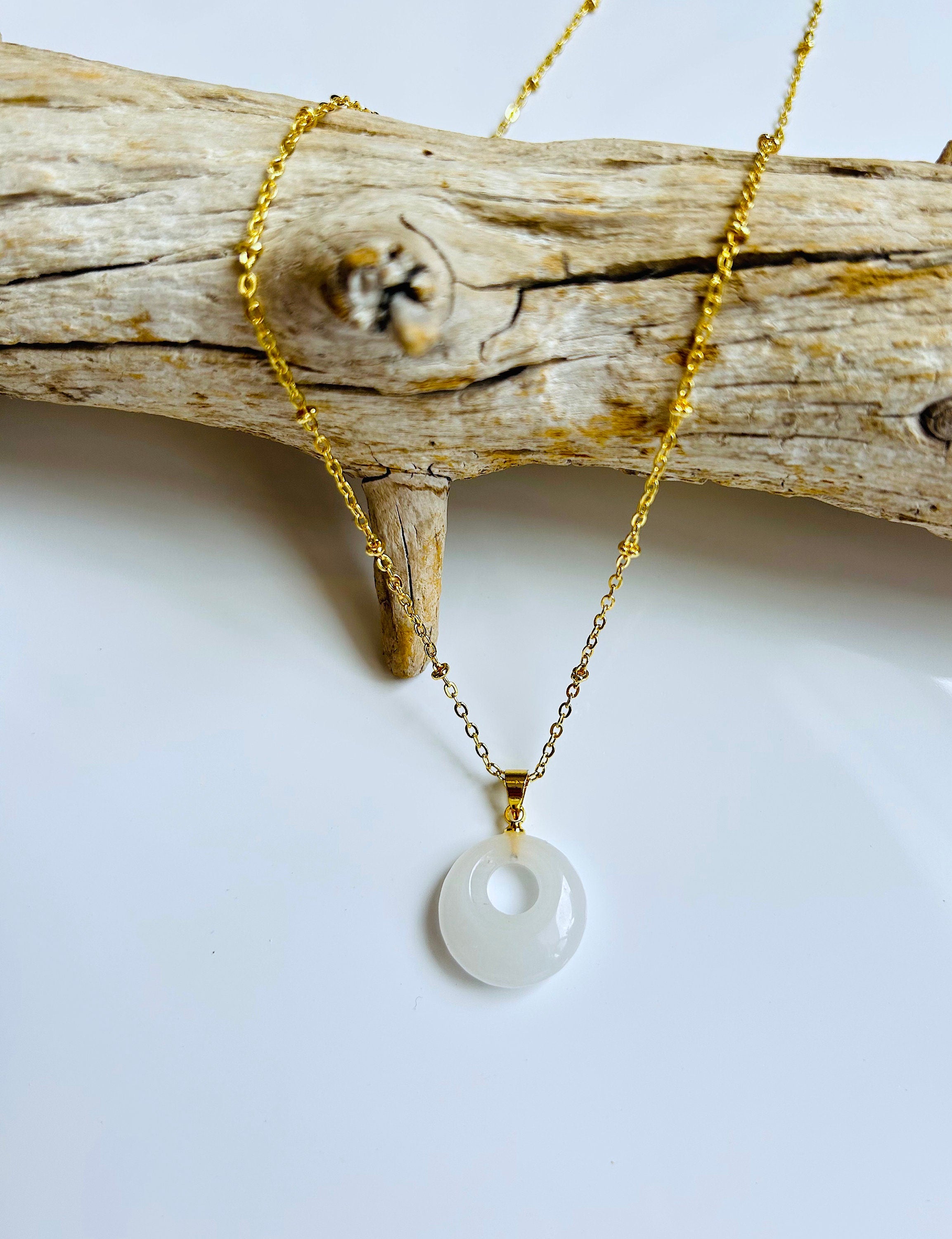 18'' White Jade Circle Pendants - Gold Dainty Yoga Necklace | Real Jade Moon Energy Jewelry