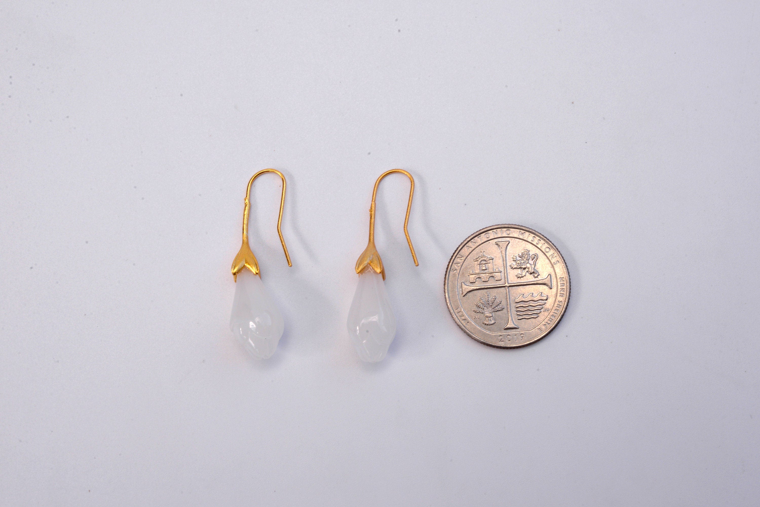 Gold Teardrop White Jade Flower Earrings.Hanging Jade Earrings.Jade Drop Tulip Earrings.Elegant Real Jade Jewelry.Jade Dangle Earrings.Gift