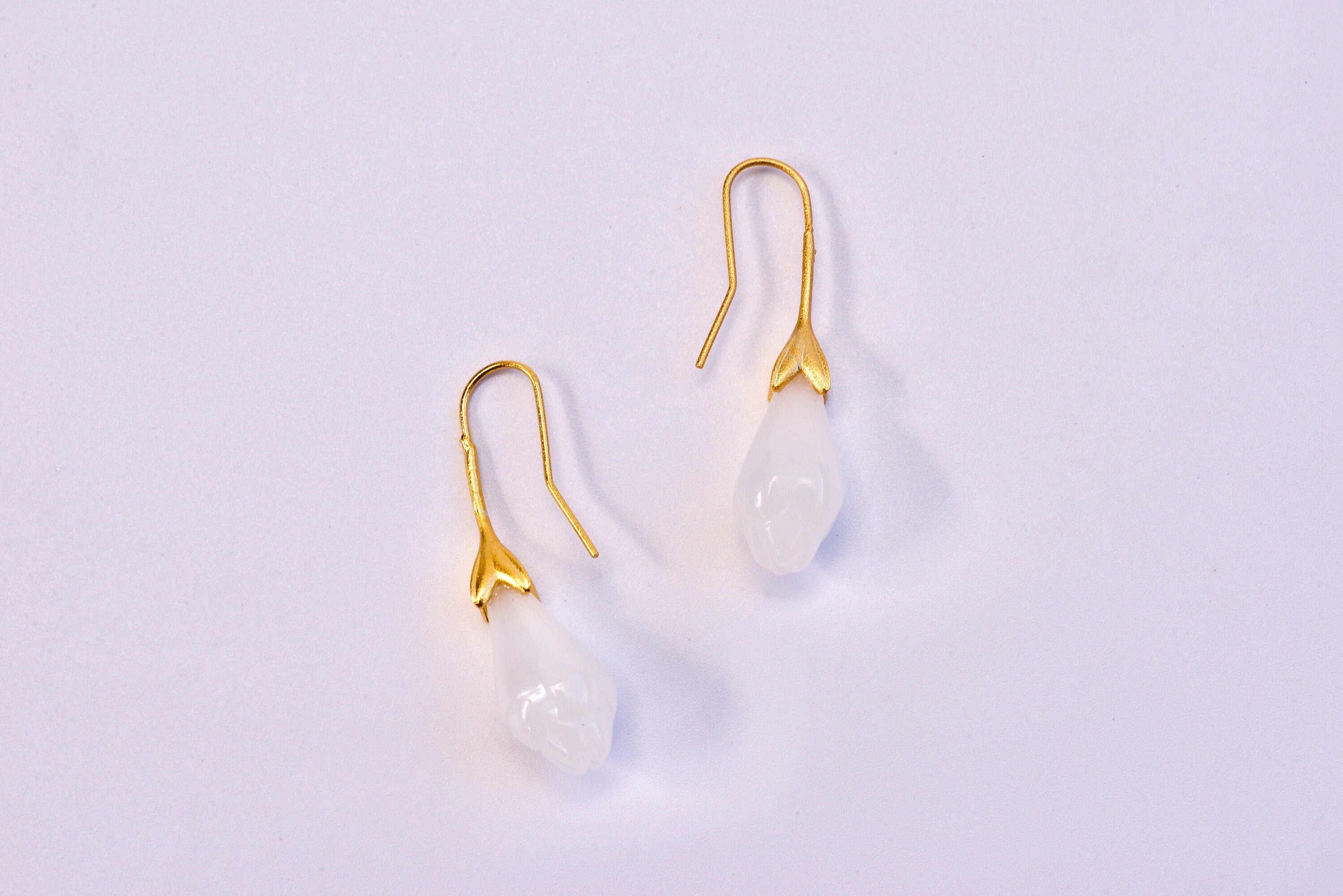 Gold Teardrop White Jade Flower Earrings.Hanging Jade Earrings.Jade Drop Tulip Earrings.Elegant Real Jade Jewelry.Jade Dangle Earrings.Gift