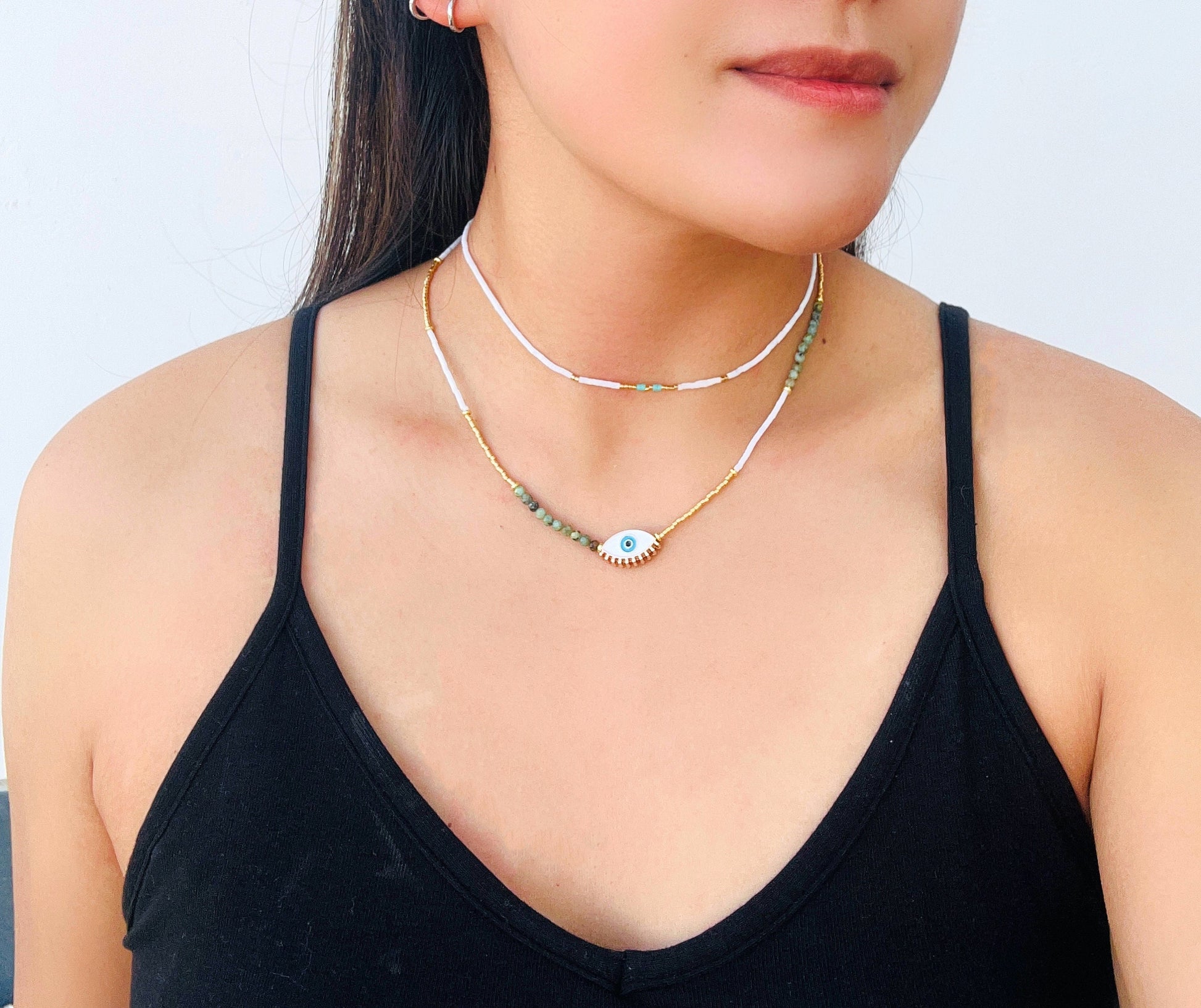 Dainty Double Layered White and Gold Choker.Tiny Turquoise Beaded Necklace.Evil Eye Pendant.Boho Hippie Jewelry.Natural Stone Beads Necklace