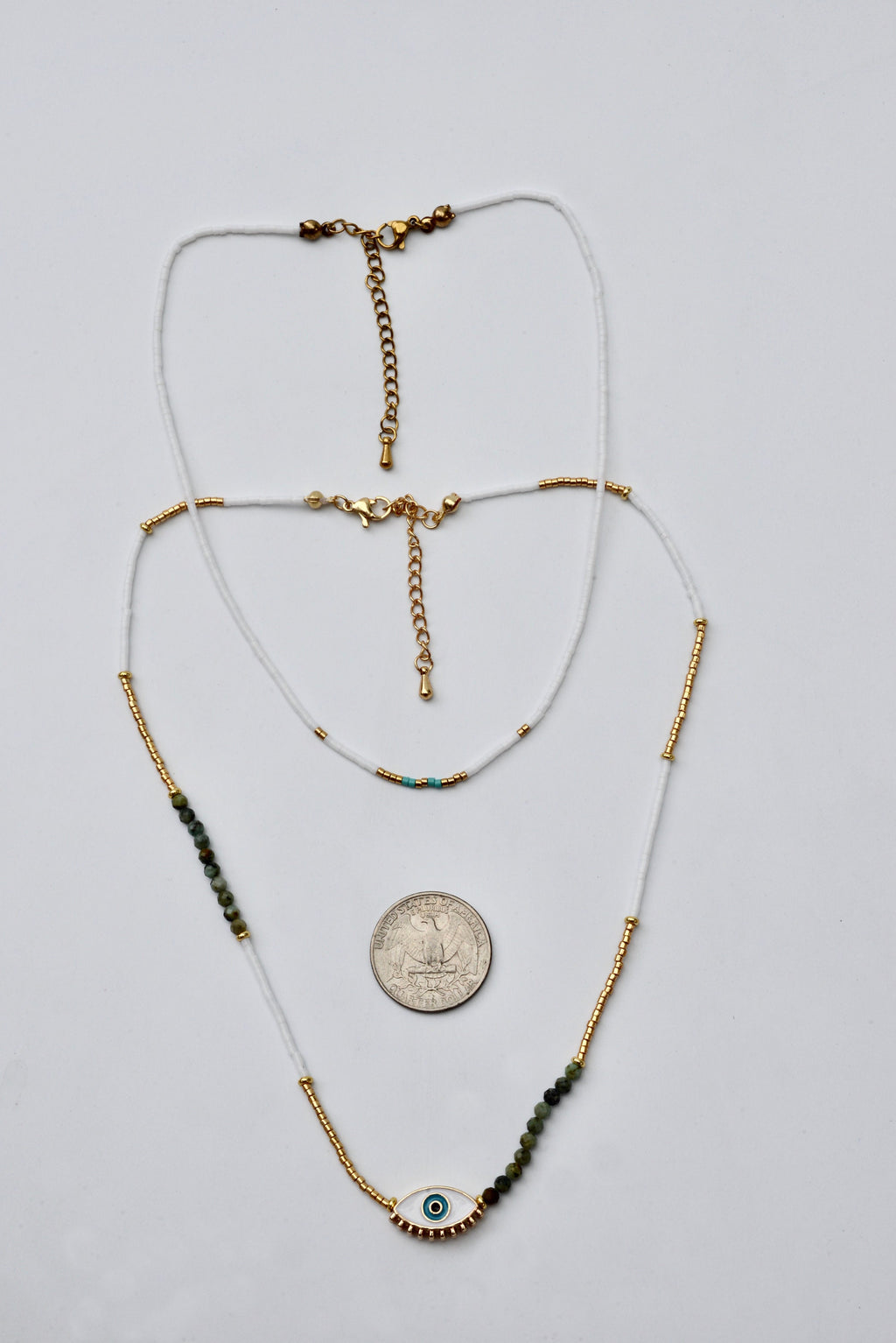 Dainty Double Layered White Beads and Gold Choker - Tiny Turquoise Beaded Necklace | Boho Evil Eye PendantHippie Jewelry