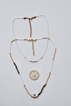 Dainty Double Layered White Beads and Gold Choker - Tiny Turquoise Beaded Necklace | Boho Evil Eye PendantHippie Jewelry