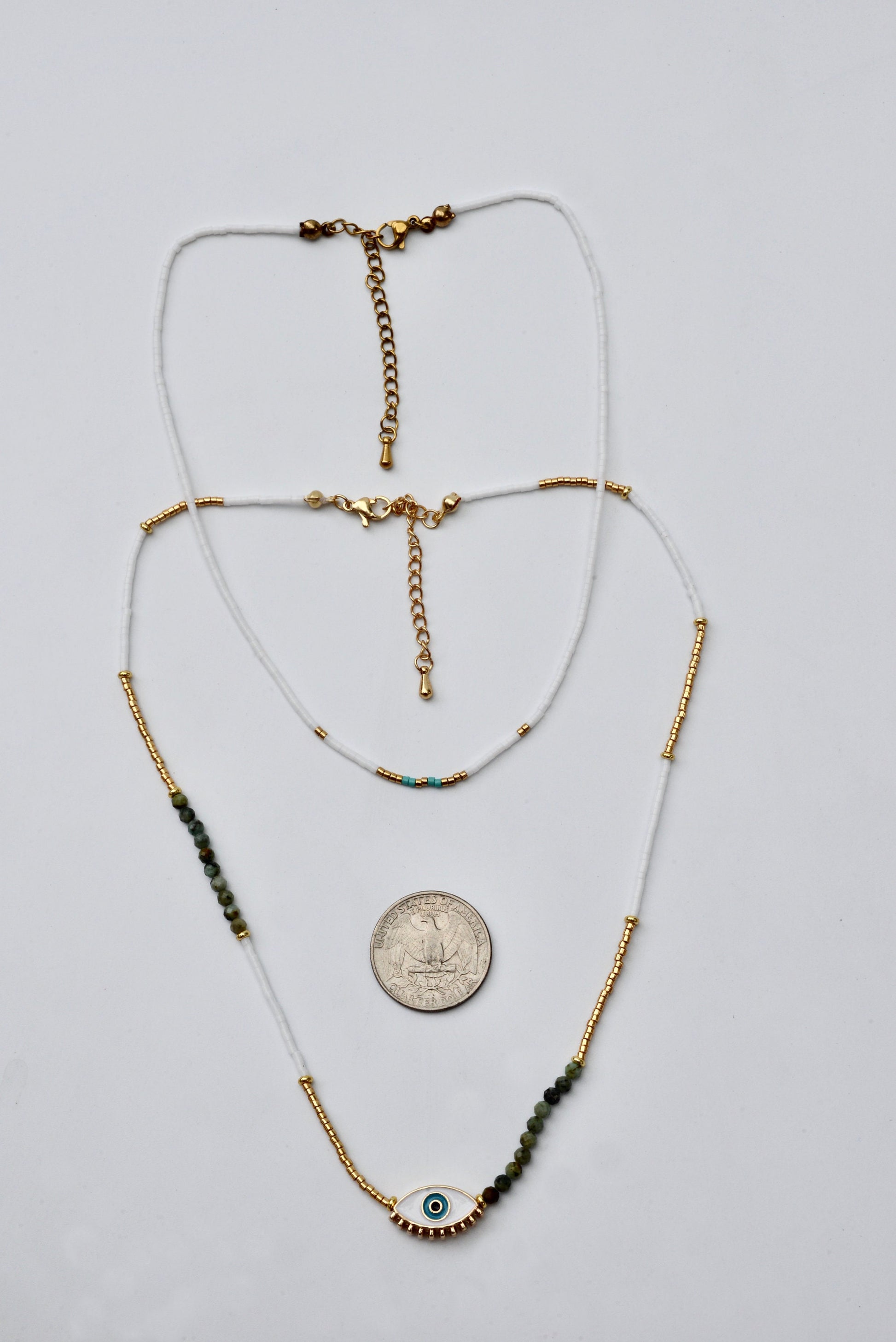 Dainty Double Layered White and Gold Choker.Tiny Turquoise Beaded Necklace.Evil Eye Pendant.Boho Hippie Jewelry.Natural Stone Beads Necklace
