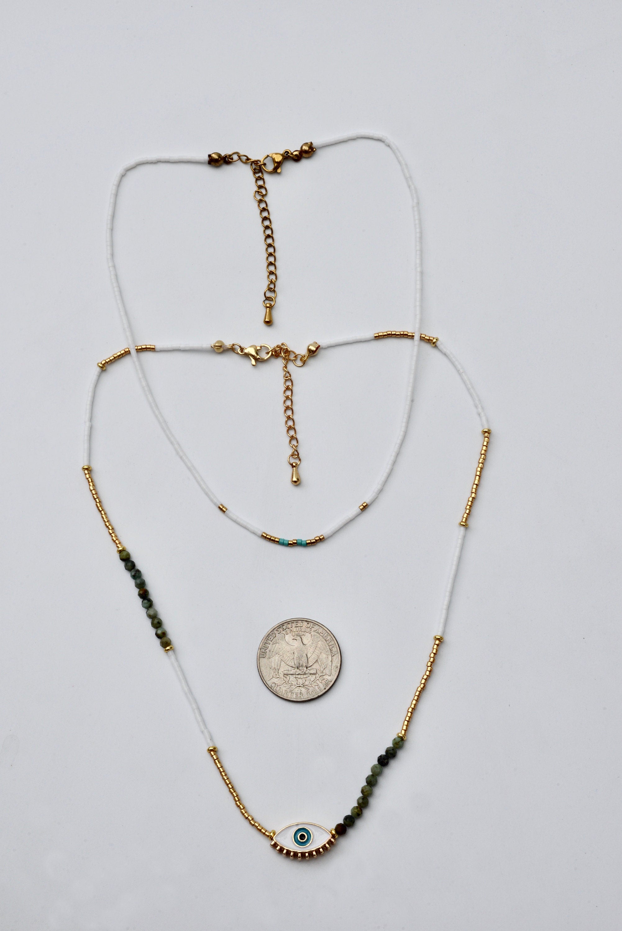 Dainty Double Layered White Beads and Gold Choker - Tiny Turquoise Beaded Necklace | Boho Evil Eye PendantHippie Jewelry