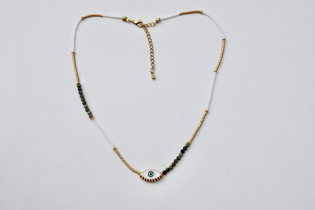 Dainty Double Layered White Beads and Gold Choker - Tiny Turquoise Beaded Necklace | Boho Evil Eye PendantHippie Jewelry