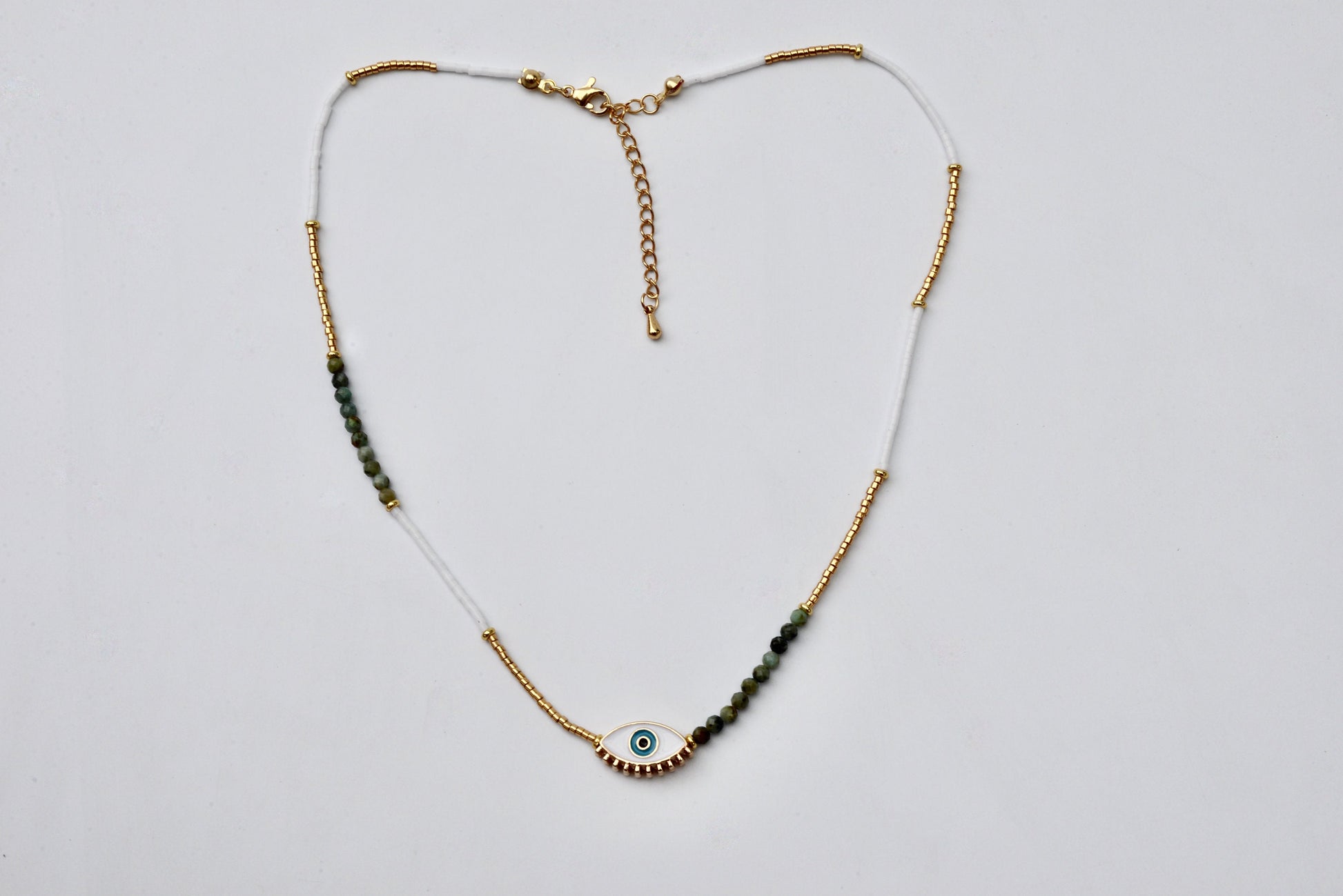 Dainty Double Layered White and Gold Choker.Tiny Turquoise Beaded Necklace.Evil Eye Pendant.Boho Hippie Jewelry.Natural Stone Beads Necklace