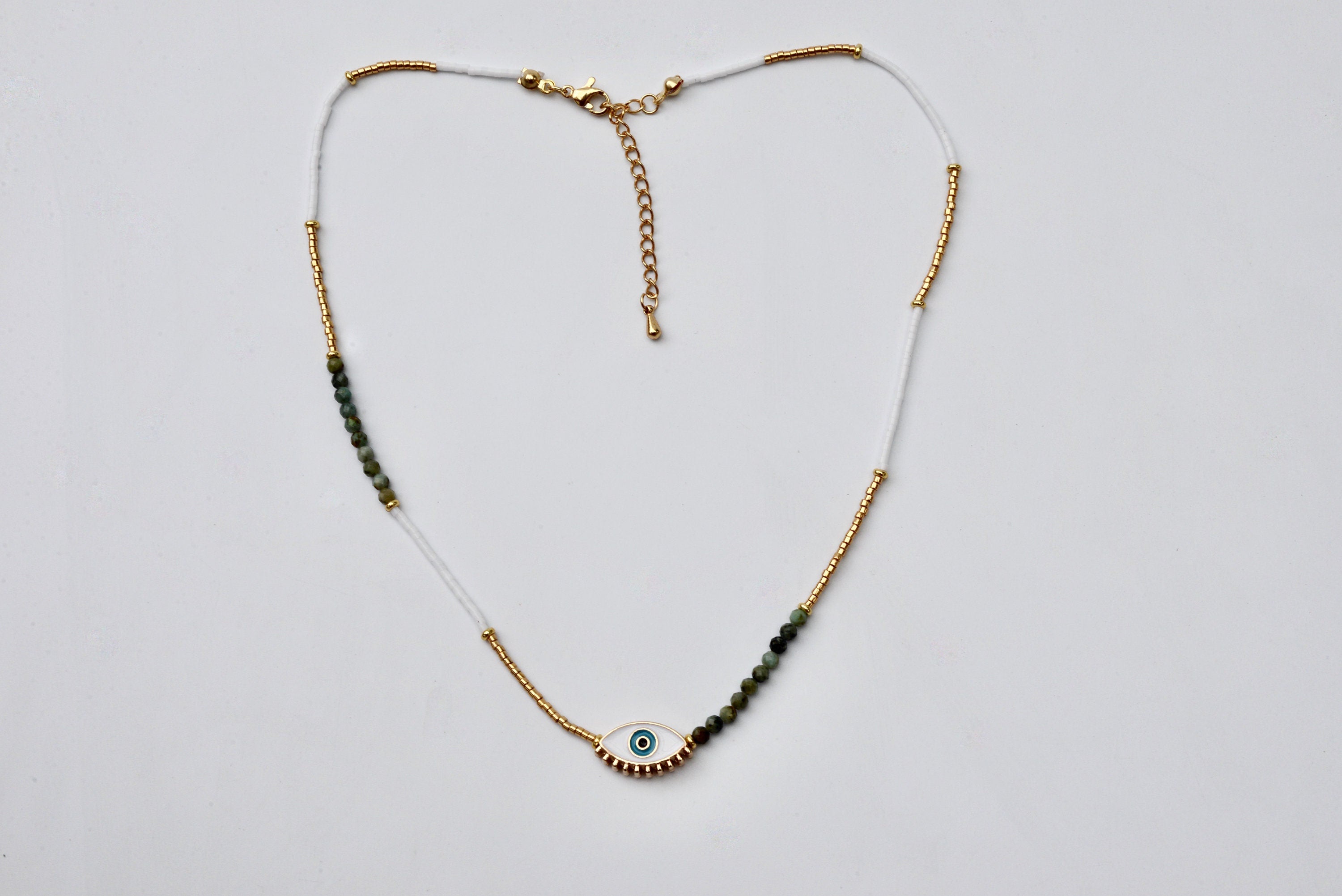 Dainty Double Layered White Beads and Gold Choker - Tiny Turquoise Beaded Necklace | Boho Evil Eye PendantHippie Jewelry