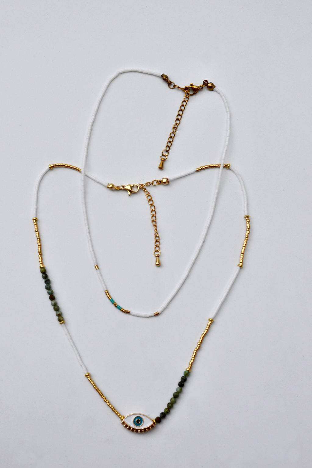 Dainty Double Layered White Beads and Gold Choker - Tiny Turquoise Beaded Necklace | Boho Evil Eye PendantHippie Jewelry