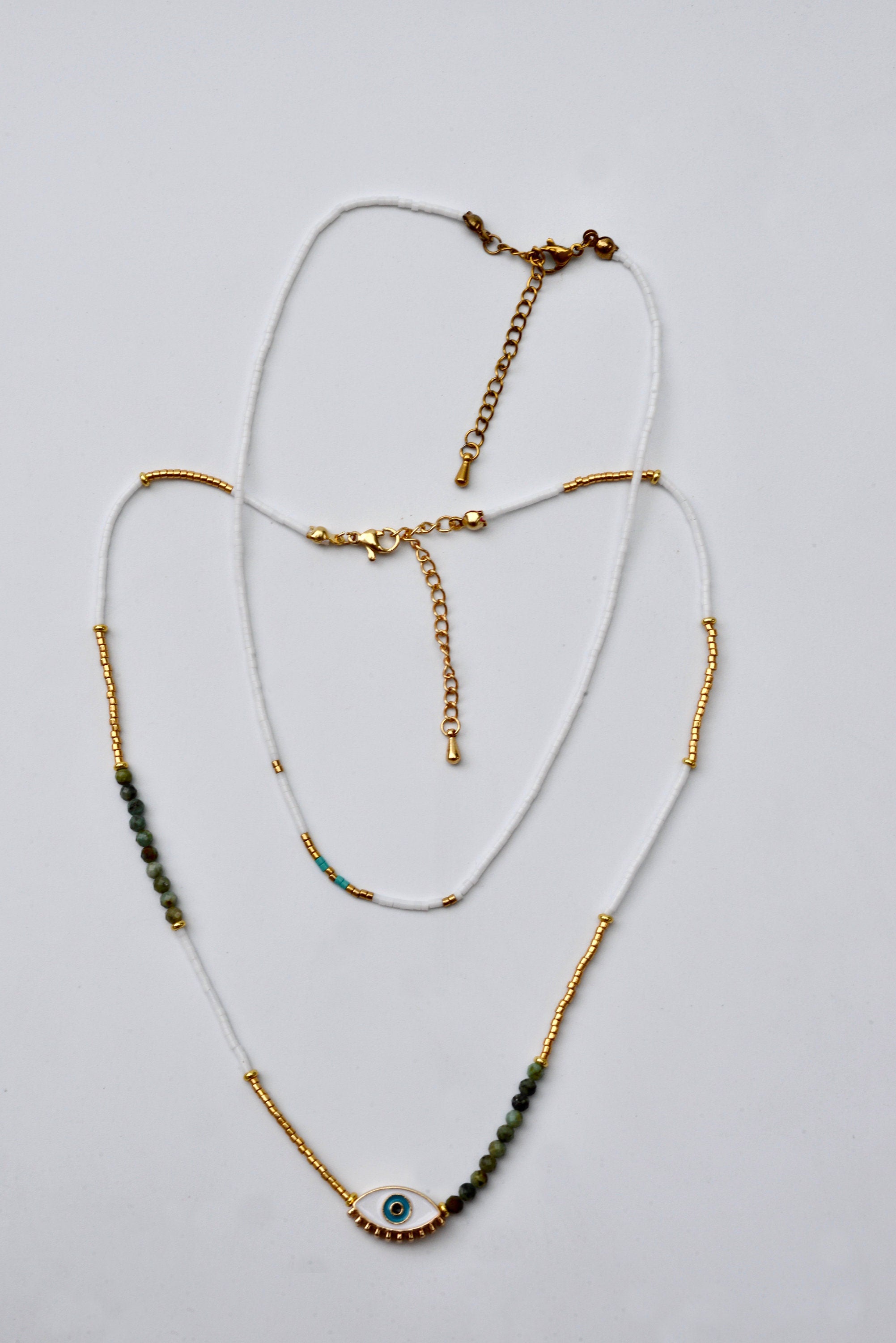 Dainty Double Layered White Beads and Gold Choker - Tiny Turquoise Beaded Necklace | Boho Evil Eye PendantHippie Jewelry