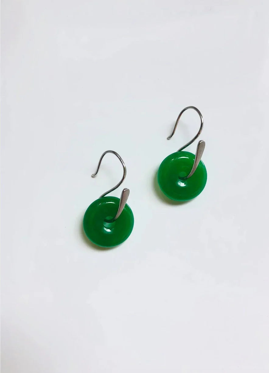 925 Sterling Silver Green Jade Donut Earrings.Real Jade Circle Earrings.Round Jade Earrings.Pi Disc Jewelry.Silver Chinese Jade.Gift for her