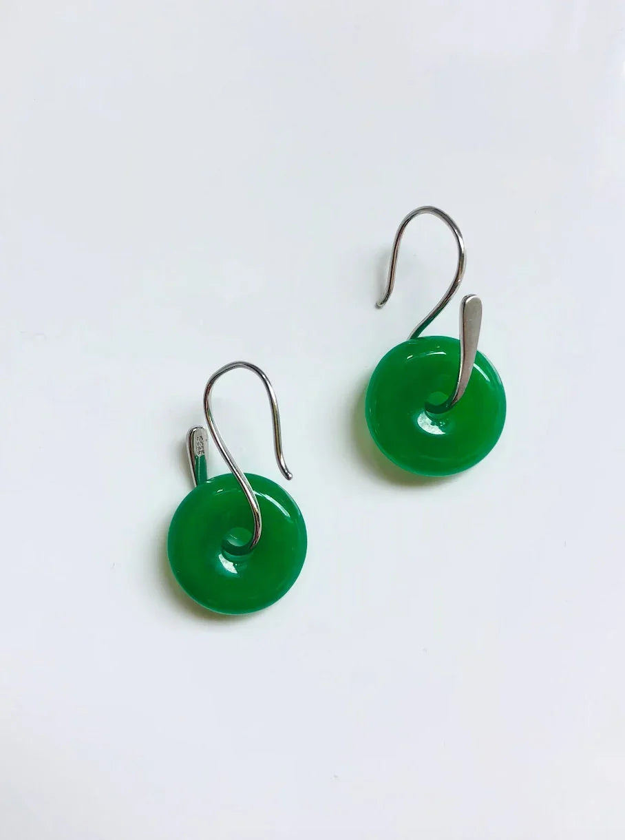 925 Sterling Silver Green Jade Donut Earrings.Real Jade Circle Earrings.Round Jade Earrings.Pi Disc Jewelry.Silver Chinese Jade.Gift for her