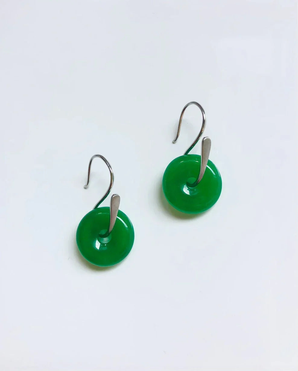 925 Sterling Silver Green Jade Donut Earrings.Real Jade Circle Earrings.Round Jade Earrings.Pi Disc Jewelry.Silver Chinese Jade.Gift for her