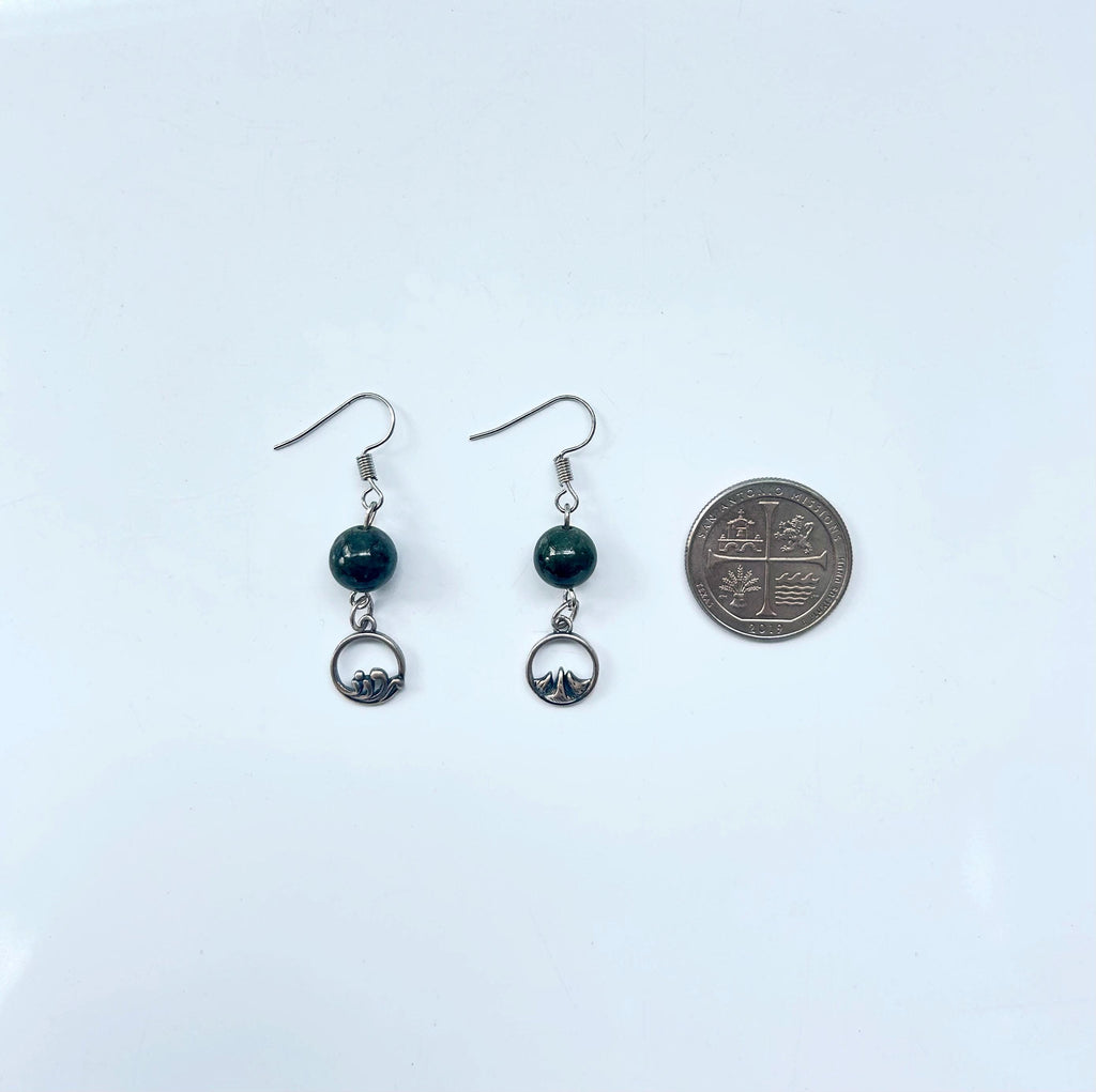Dark Green Jade Bead Earrings,Real Jade Jewelry, Sterling Silver Jewelry, Asymmetric Mountain & Ocean Symbols,Gift for Outdoor Lovers.Unique