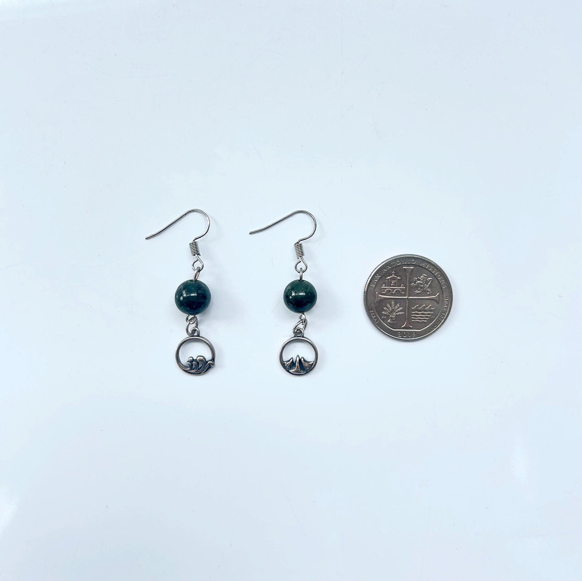 Dark Green Jade Bead Earrings,Real Jade Jewelry, Sterling Silver Jewelry, Asymmetric Mountain & Ocean Symbols,Gift for Outdoor Lovers.Unique