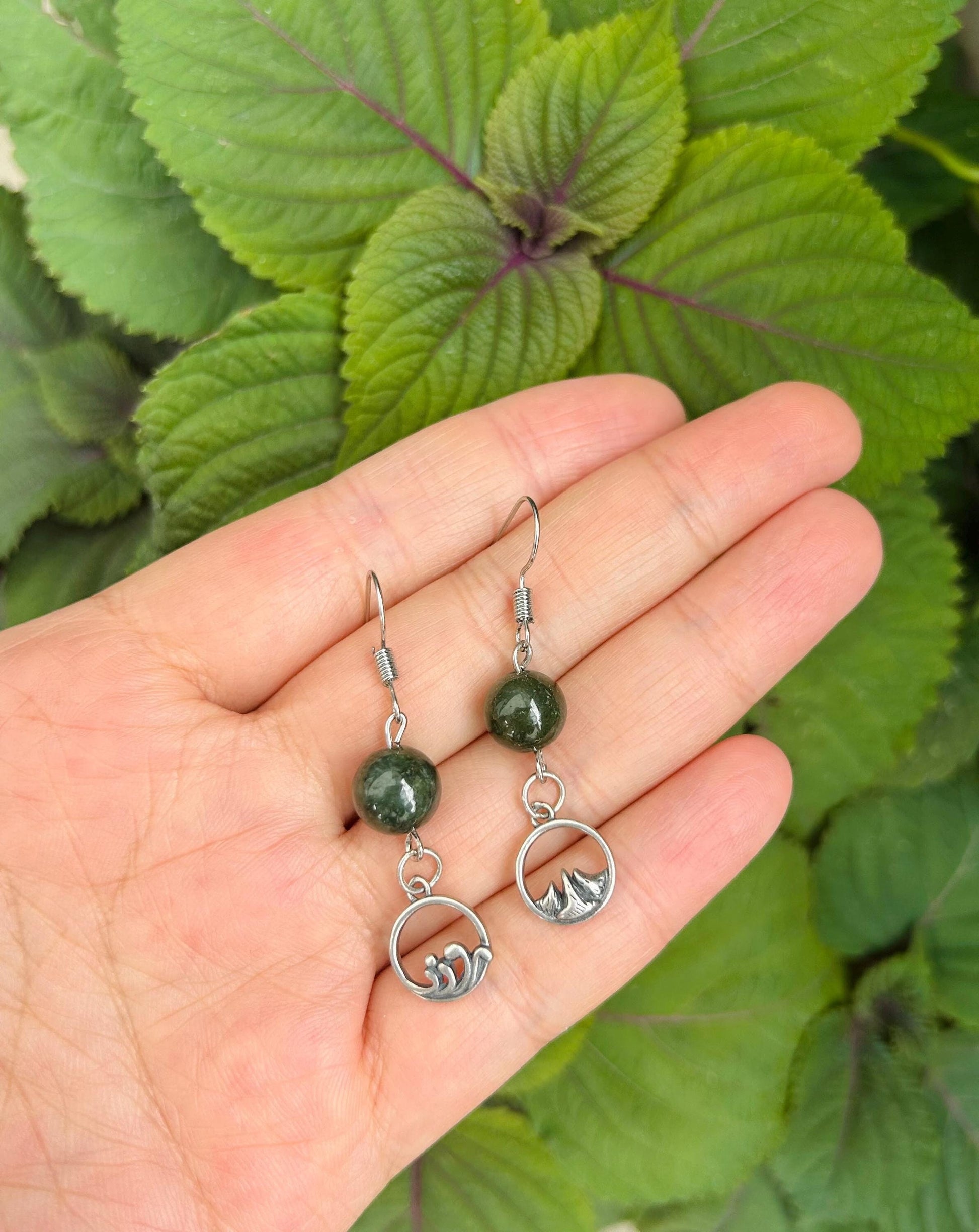 Dark Green Jade Bead Earrings,Real Jade Jewelry, Sterling Silver Jewelry, Asymmetric Mountain & Ocean Symbols,Gift for Outdoor Lovers.Unique