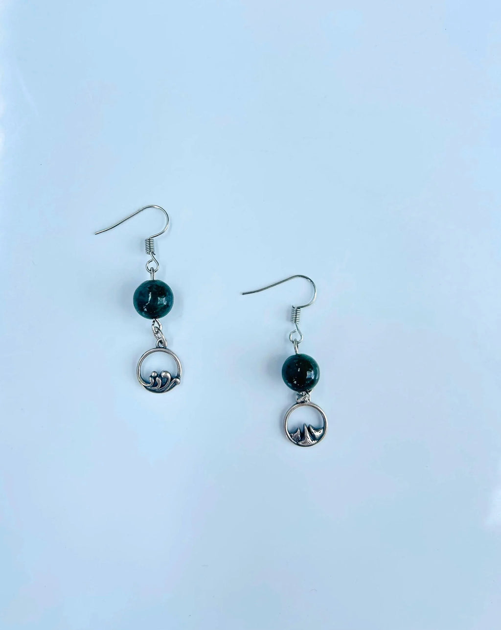 Dark Green Jade Bead Earrings,Real Jade Jewelry, Sterling Silver Jewelry, Asymmetric Mountain & Ocean Symbols,Gift for Outdoor Lovers.Unique