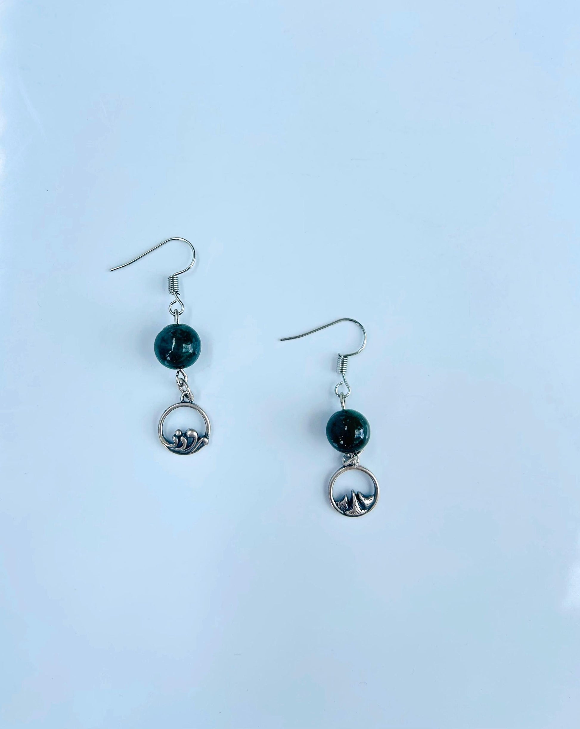 Dark Green Jade Bead Earrings,Real Jade Jewelry, Sterling Silver Jewelry, Asymmetric Mountain & Ocean Symbols,Gift for Outdoor Lovers.Unique