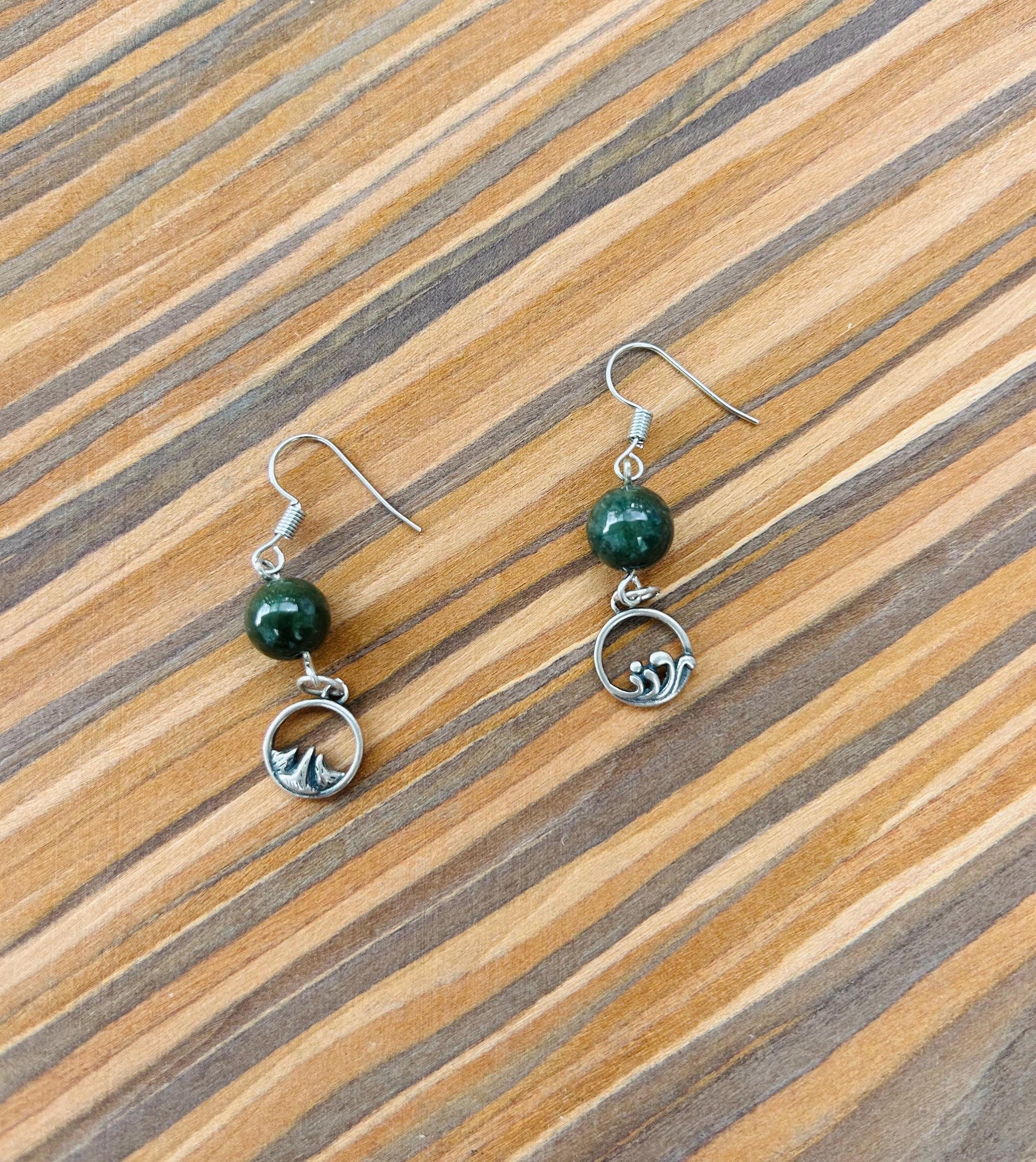 Dark Green Jade Bead Earrings,Real Jade Jewelry, Sterling Silver Jewelry, Asymmetric Mountain & Ocean Symbols,Gift for Outdoor Lovers.Unique