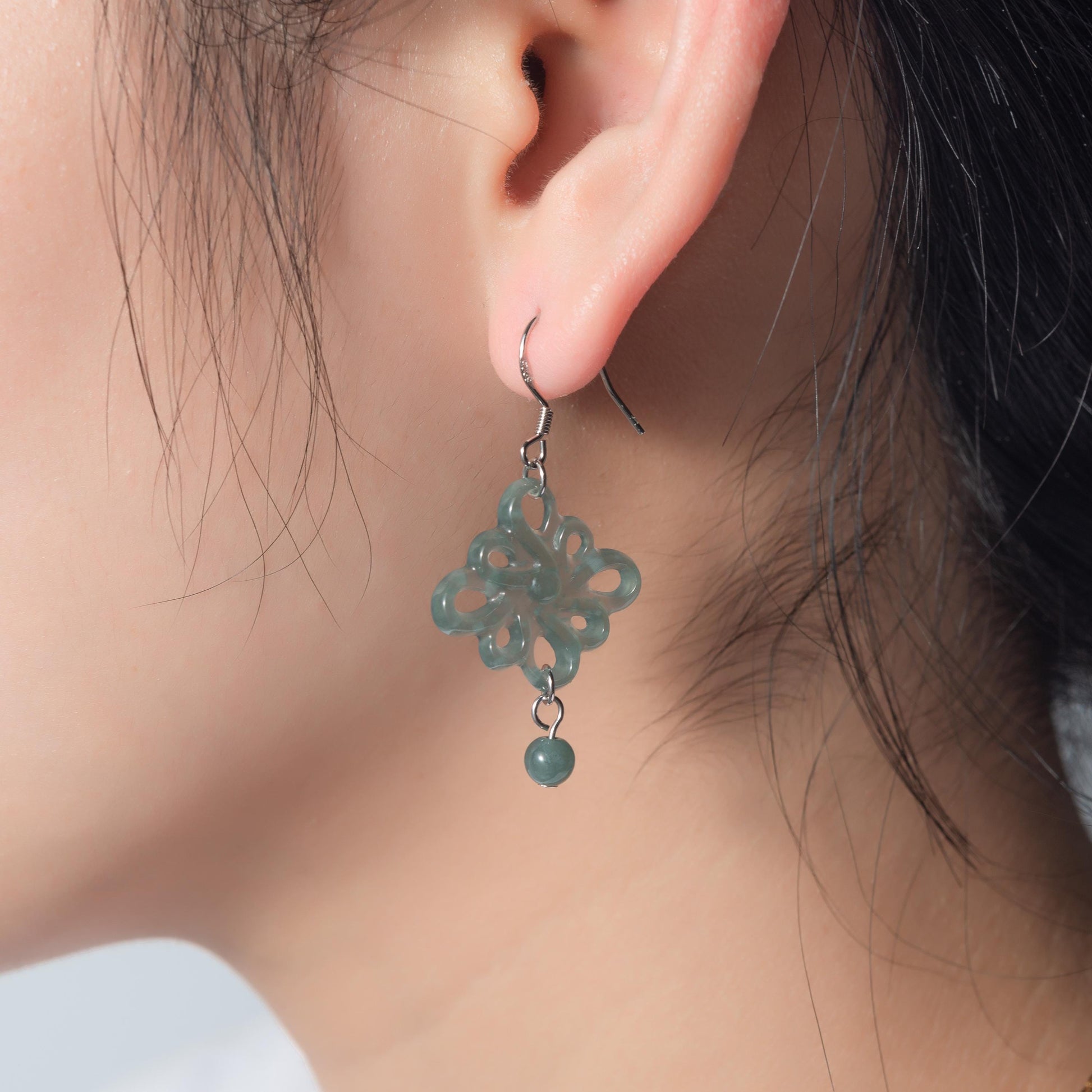 Real Green Jadeite Flower Earrings.Natural Chinese Knots Jade earrings.Jade Dangle Earrings Sterling Silver.Hand Carved Jade.Christmas Gift