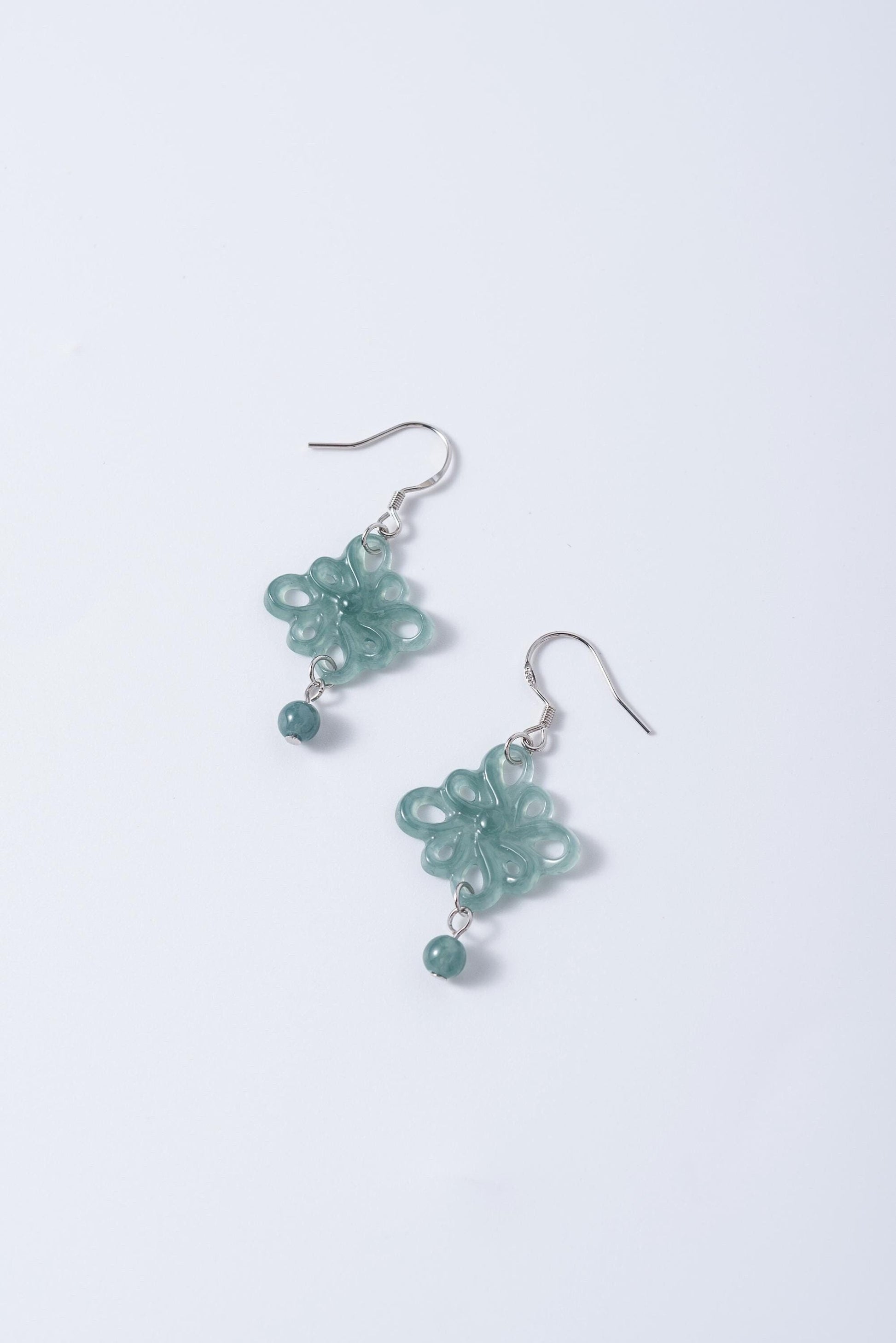 Real Green Jadeite Flower Earrings.Natural Chinese Knots Jade earrings.Jade Dangle Earrings Sterling Silver.Hand Carved Jade.Christmas Gift