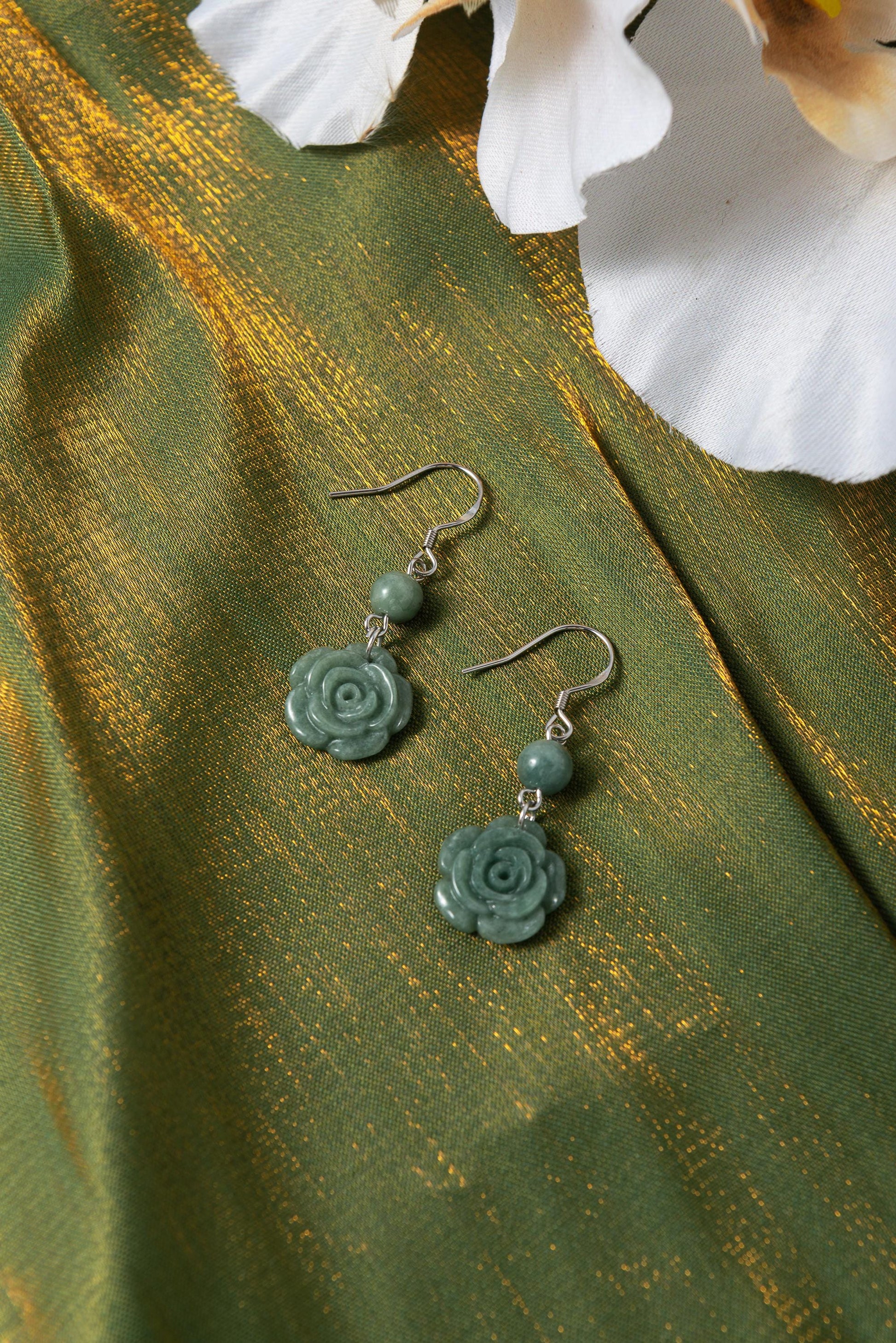 Genuien Green Jadeite Rose Earrings.Natural Chinese Flower Jade Jewelry.Jade Dangle Earrings Sterling Silver.Hand Carved Jade.Christmas Gift