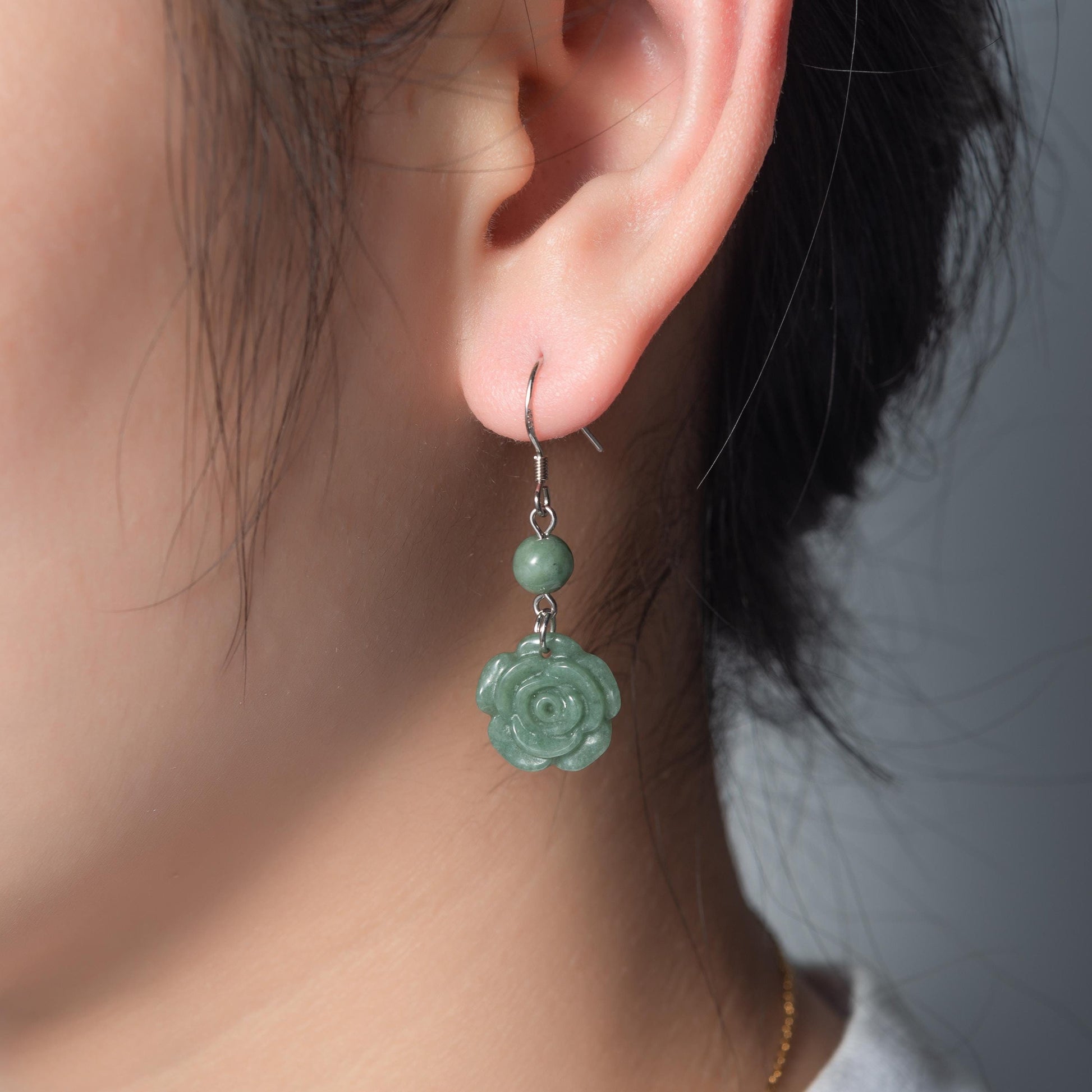 Genuien Green Jadeite Rose Earrings.Natural Chinese Flower Jade Jewelry.Jade Dangle Earrings Sterling Silver.Hand Carved Jade.Christmas Gift