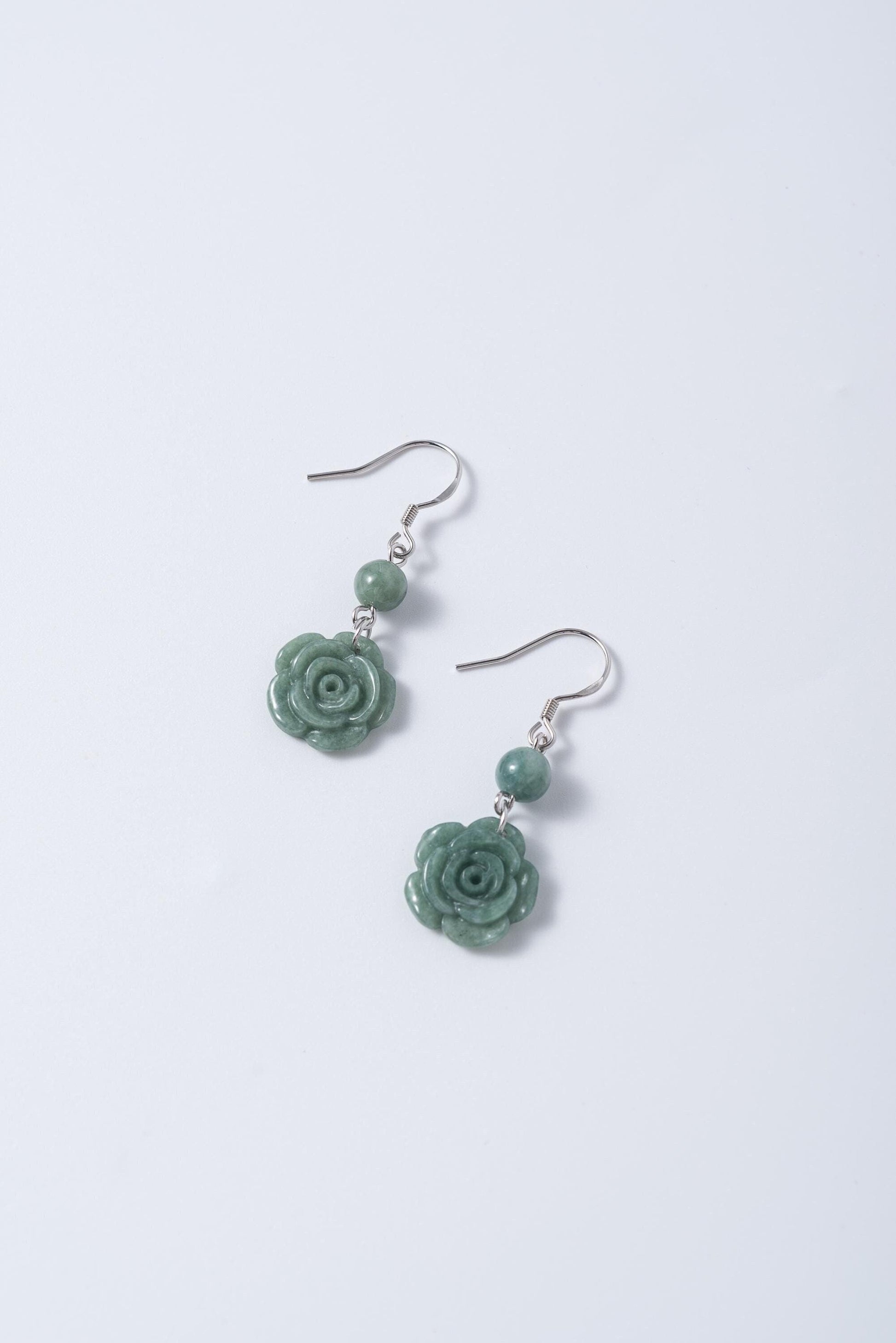 Genuien Green Jadeite Rose Earrings.Natural Chinese Flower Jade Jewelry.Jade Dangle Earrings Sterling Silver.Hand Carved Jade.Christmas Gift