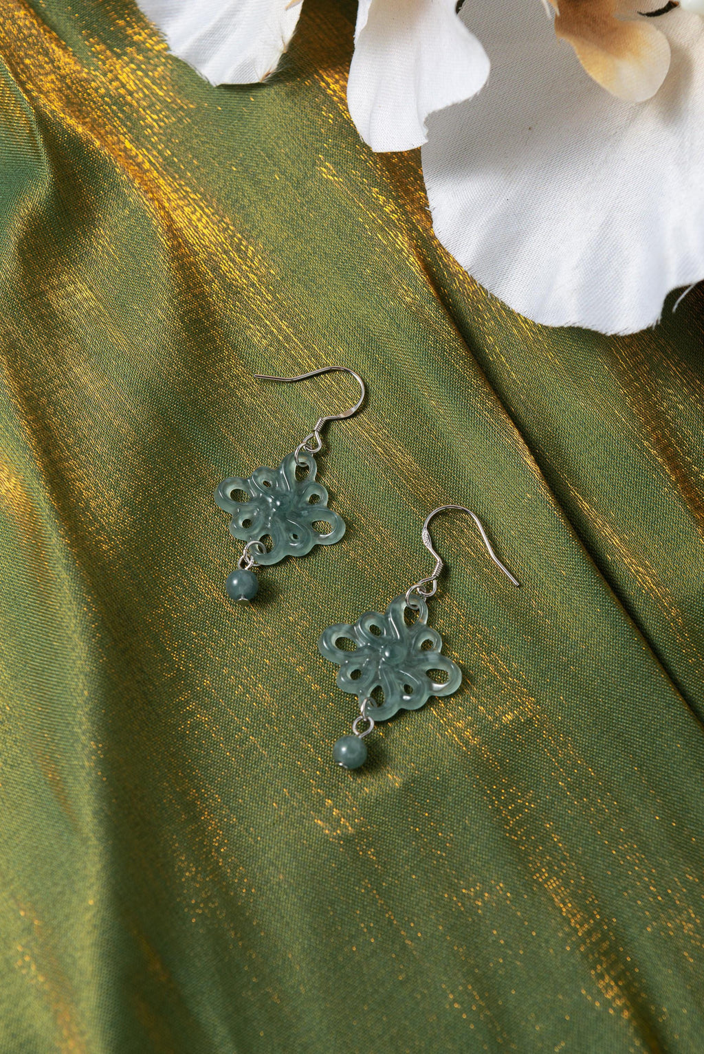 Real Green Jadeite Flower Earrings.Natural Chinese Knots Jade earrings.Jade Dangle Earrings Sterling Silver.Hand Carved Jade.Christmas Gift