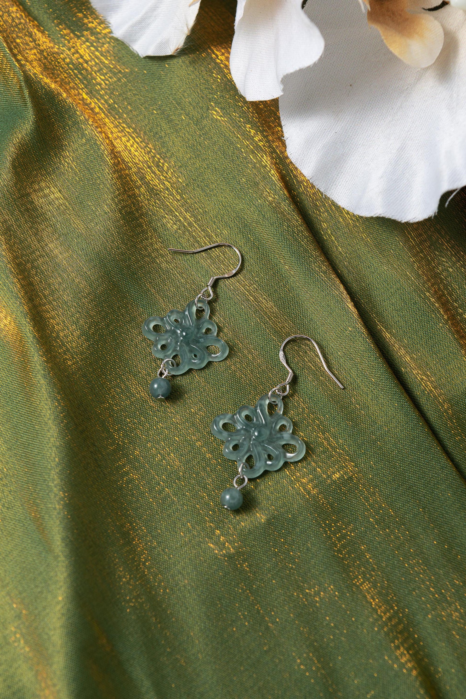 Real Green Jadeite Flower Earrings.Natural Chinese Knots Jade earrings.Jade Dangle Earrings Sterling Silver.Hand Carved Jade.Christmas Gift