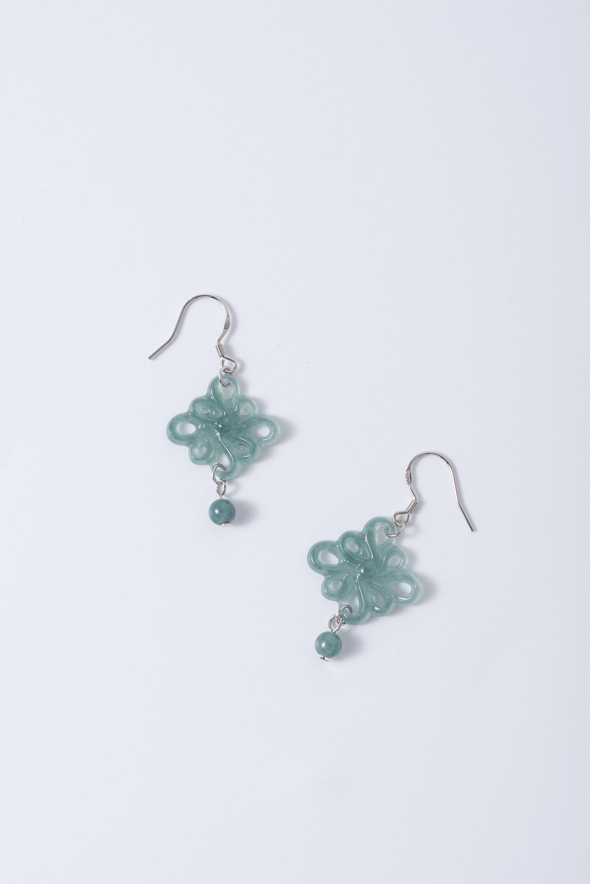 Real Green Jadeite Flower Earrings.Natural Chinese Knots Jade earrings.Jade Dangle Earrings Sterling Silver.Hand Carved Jade.Christmas Gift