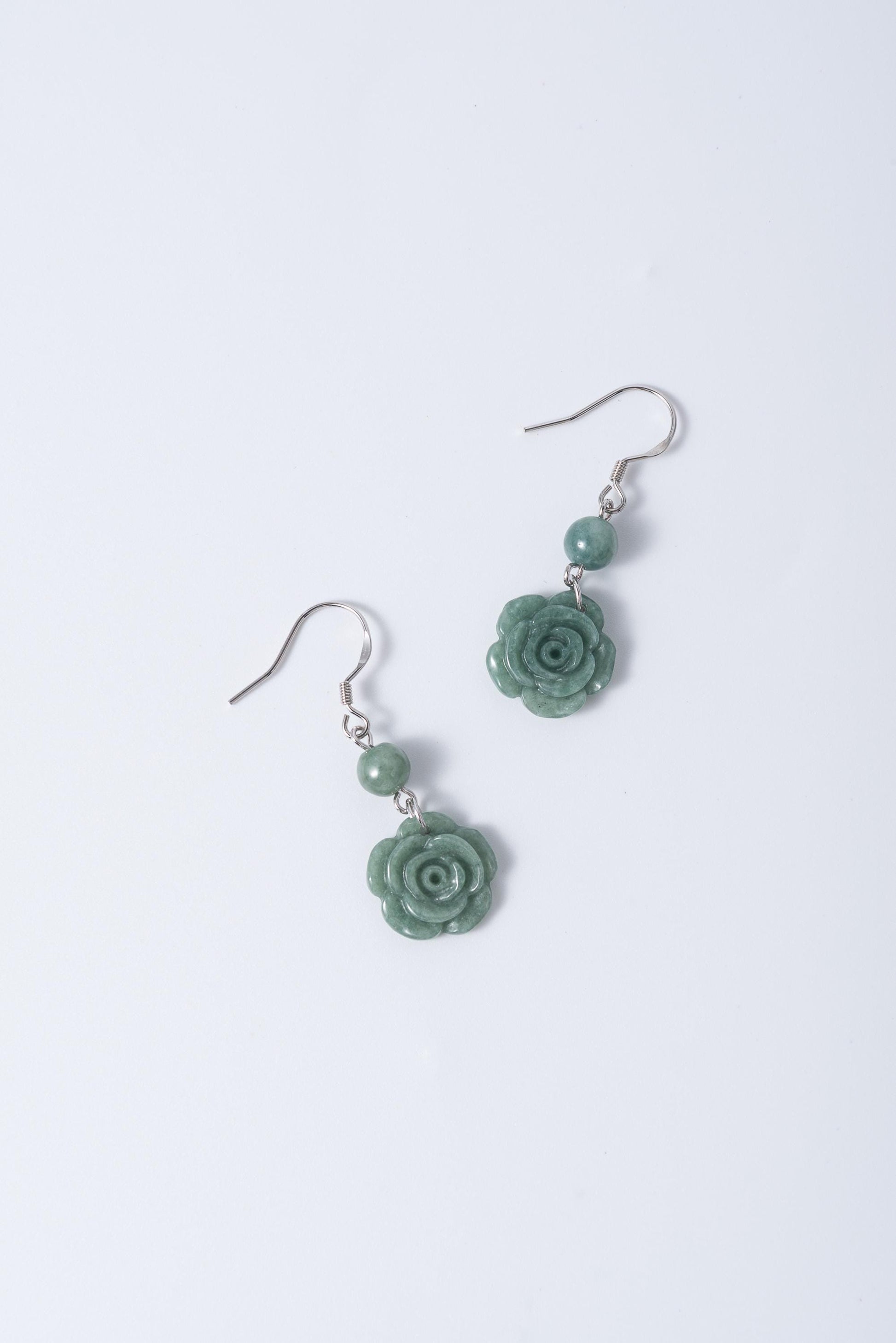 Genuien Green Jadeite Rose Earrings.Natural Chinese Flower Jade Jewelry.Jade Dangle Earrings Sterling Silver.Hand Carved Jade.Christmas Gift