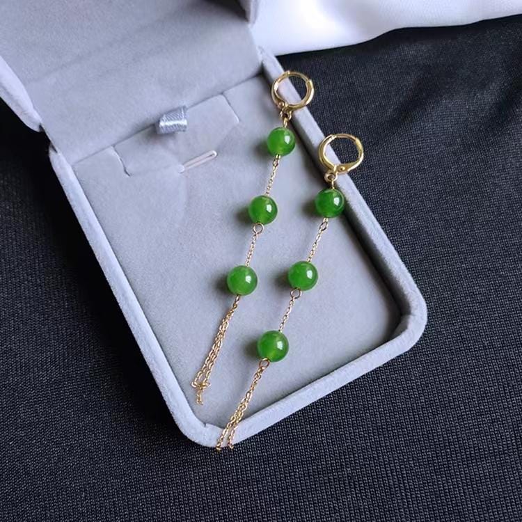 Lange Jade Perlen Ohrringe.Grüne Jade Punkte Schmuck.Echte Jade Ohrringe.Gold Jade Schmuck.Chinesische Jade Ohrringe.Gold Quaste Ohrringe.Geschenk
