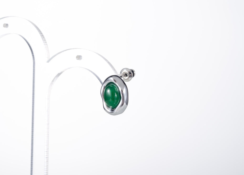 Modern Green Jade Stud Earrings – Asymmetric Silver Dot Design, Unisex Minimalist Jewelry