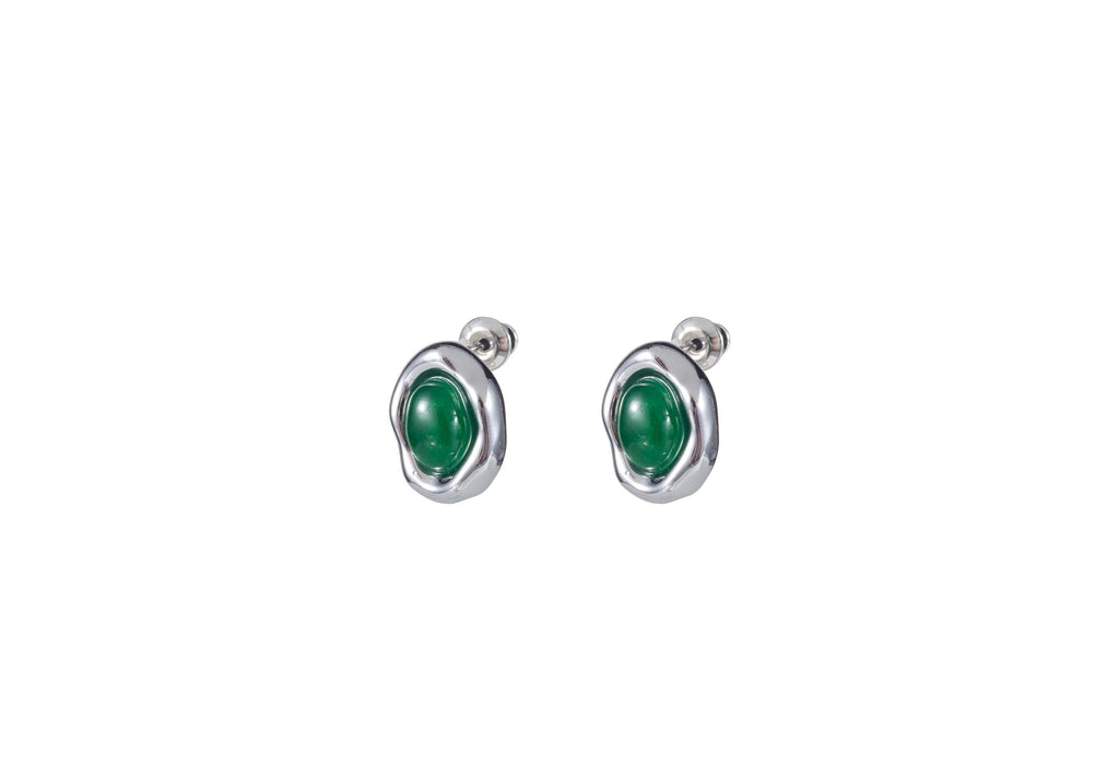 Modern Green Jade Stud Earrings – Asymmetric Silver Dot Design, Unisex Minimalist Jewelry