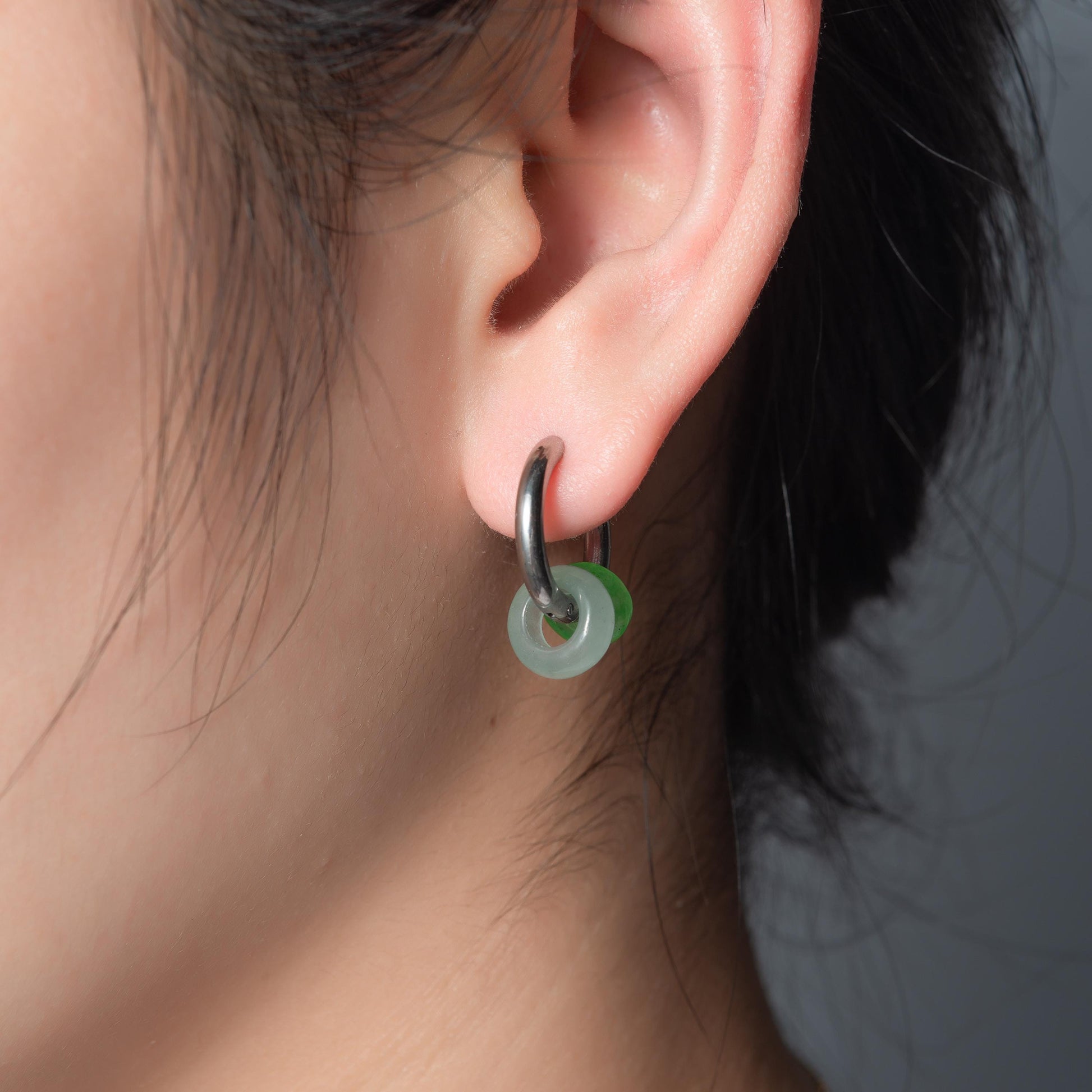 Tiny Titanium Allegy-free Real Jade beads Hoops earrings.Small Green Jade Circle Earrings.Silver dangle.Neutral-Gender Jewelry.Man earrings