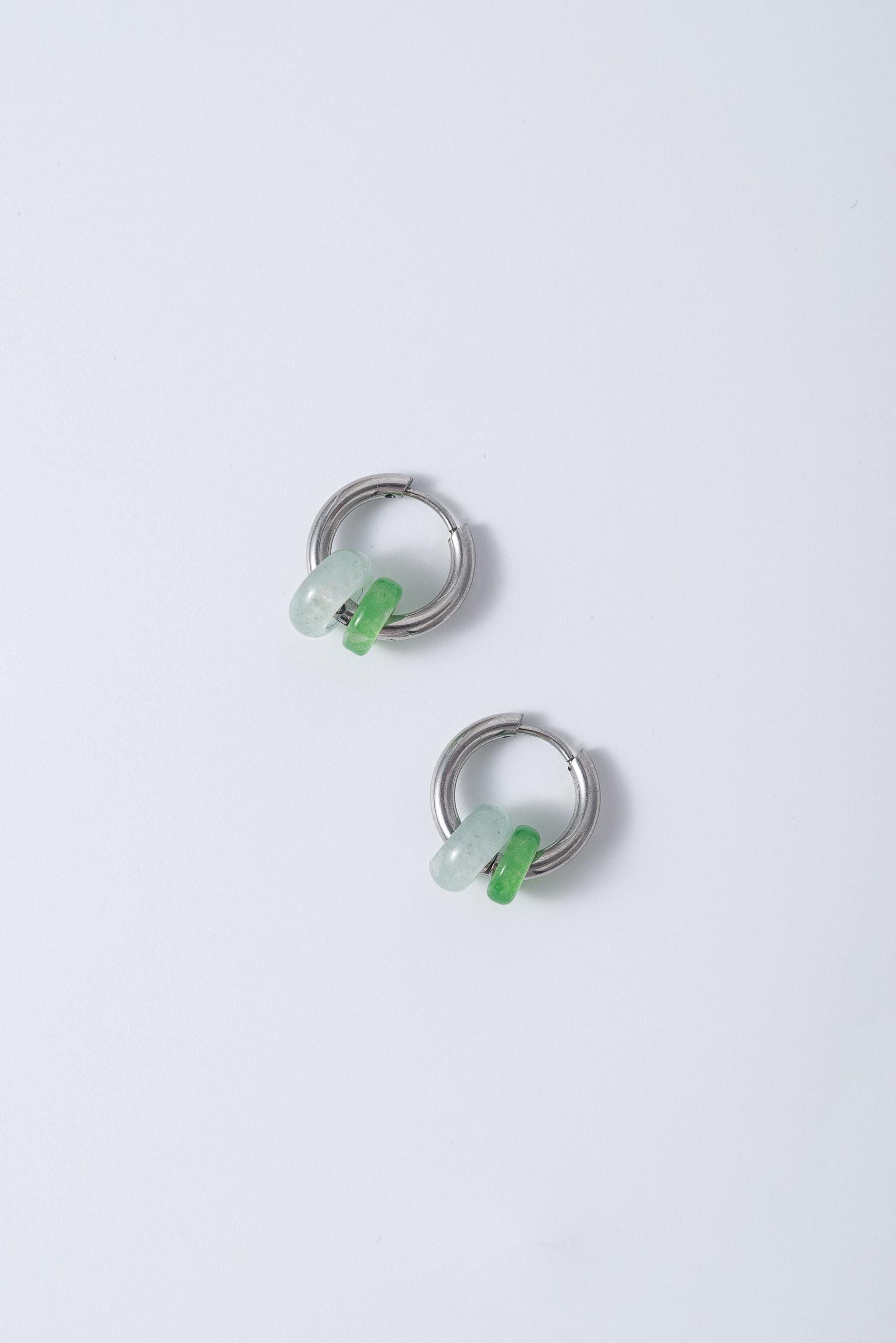 Tiny Titanium Allegy-free Real Jade beads Hoops earrings.Small Green Jade Circle Earrings.Silver dangle.Neutral-Gender Jewelry.Man earrings