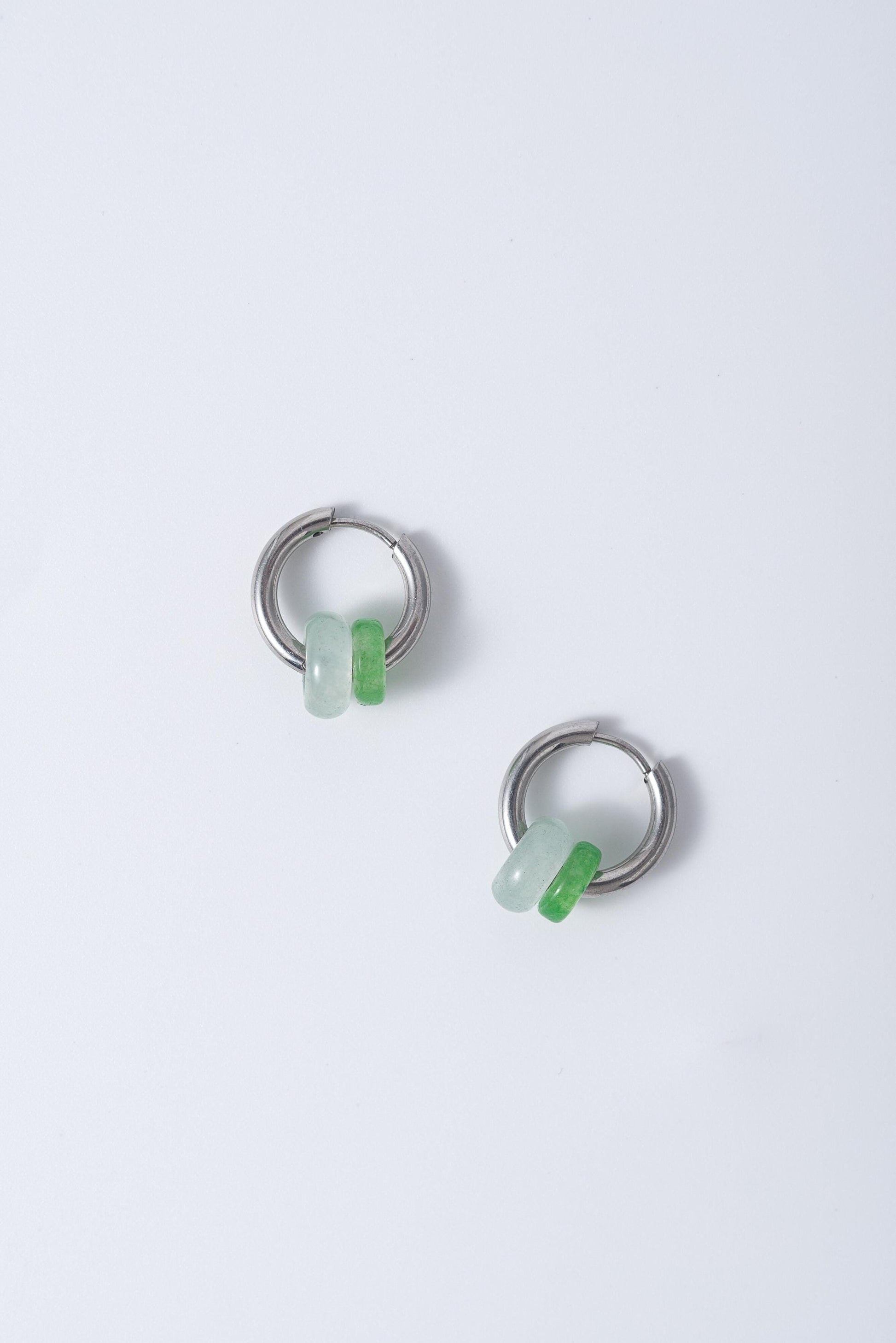 Tiny Titanium Allegy-free Real Jade beads Hoops earrings.Small Green Jade Circle Earrings.Silver dangle.Neutral-Gender Jewelry.Man earrings