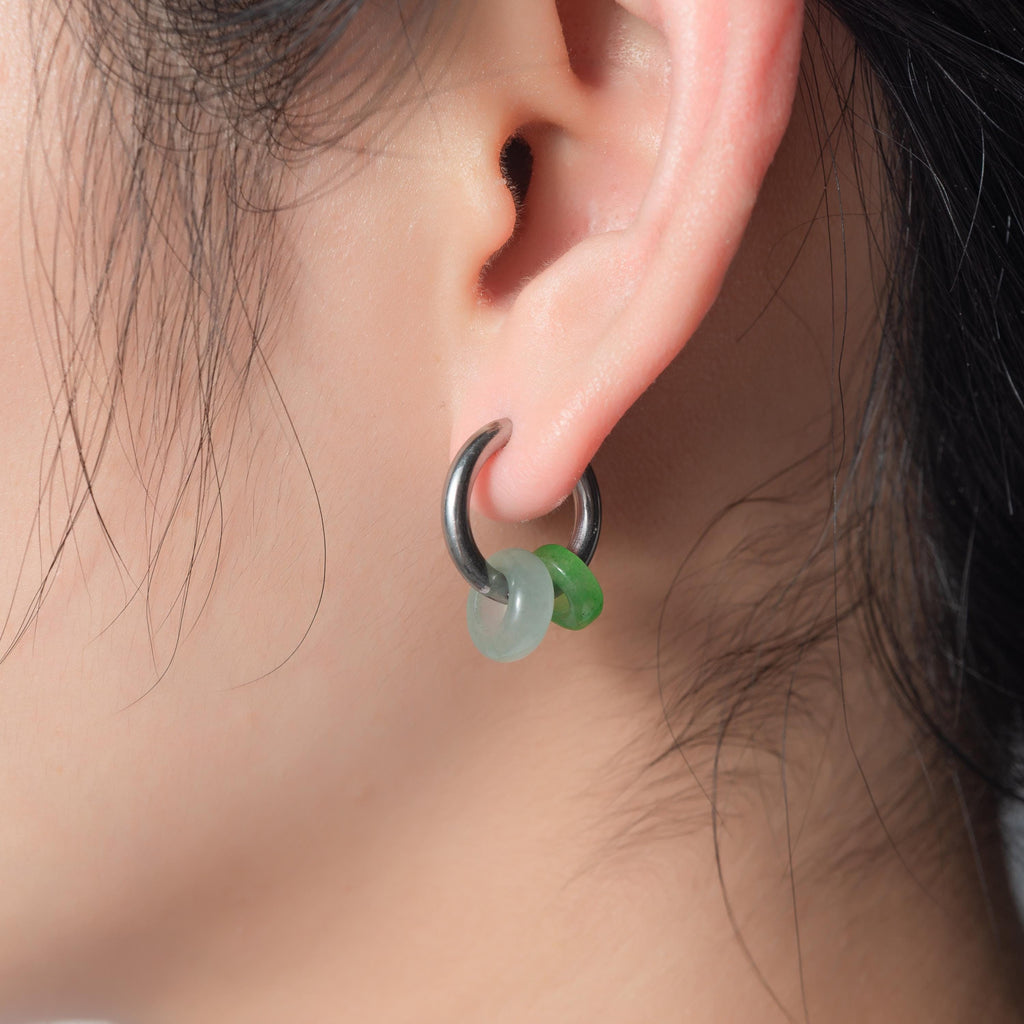 Tiny Titanium Allegy-free Real Jade beads Hoops earrings.Small Green Jade Circle Earrings.Silver dangle.Neutral-Gender Jewelry.Man earrings